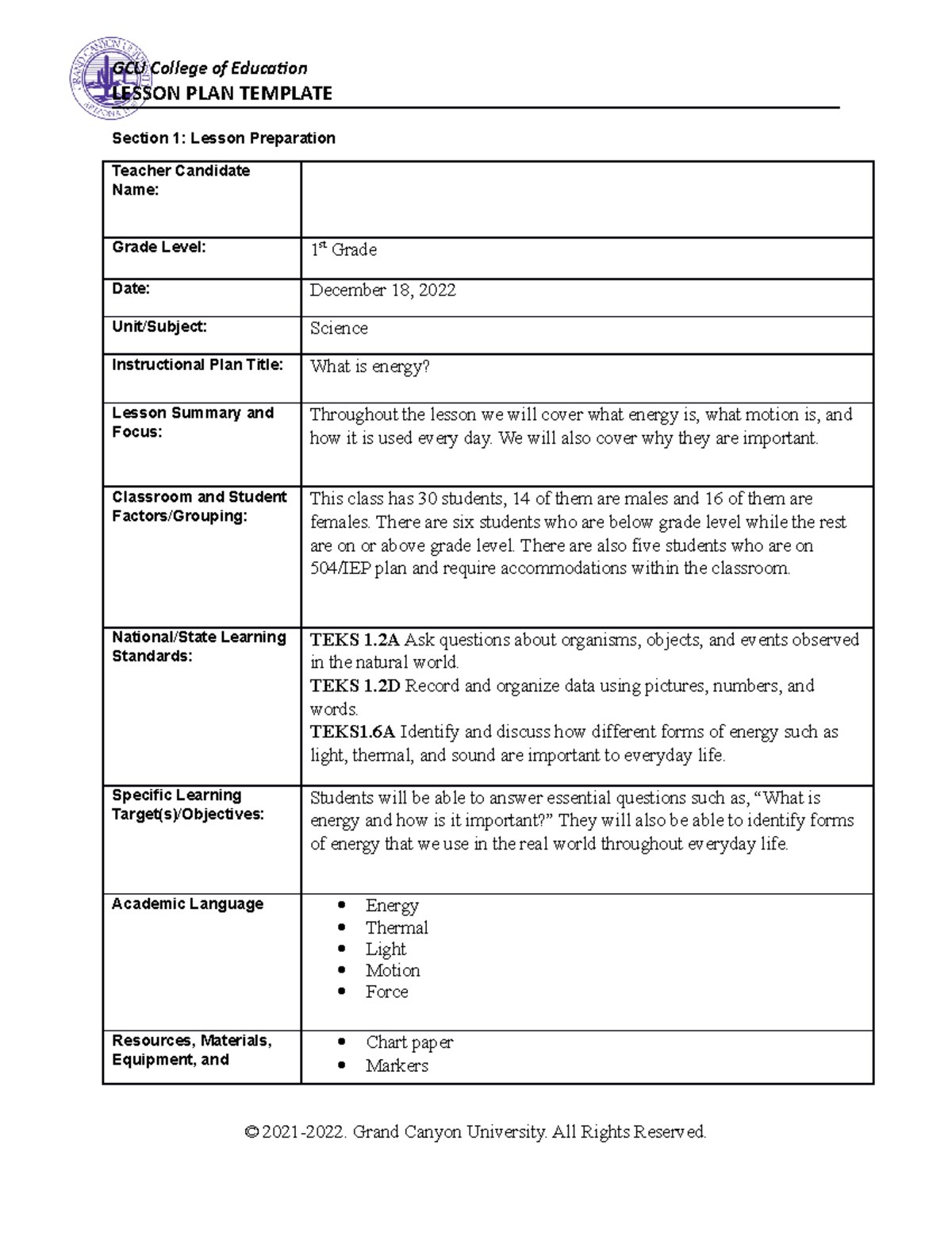 ELM 361 Science Lesson Plan - LESSON PLAN TEMPLATE Section 1: Lesson ...