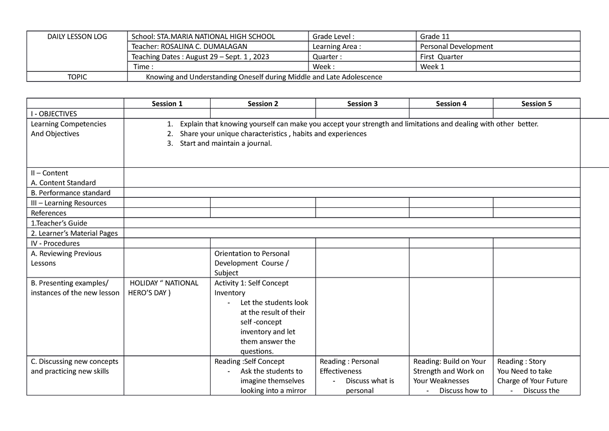 PER.DEV. DLL - DLL Personal DevElopmEnt - DAILY LESSON LOG School: STA ...