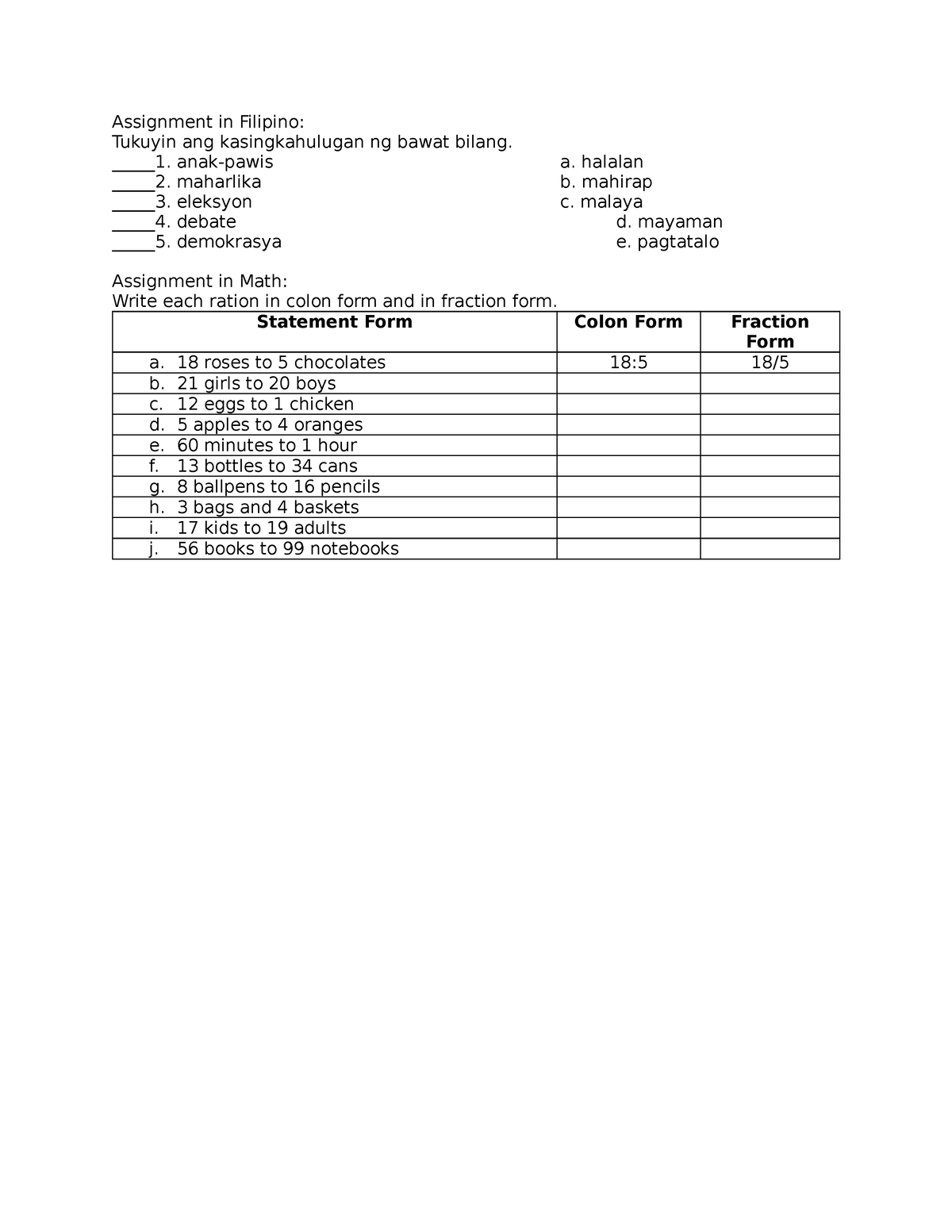 assignment in filipino meaning