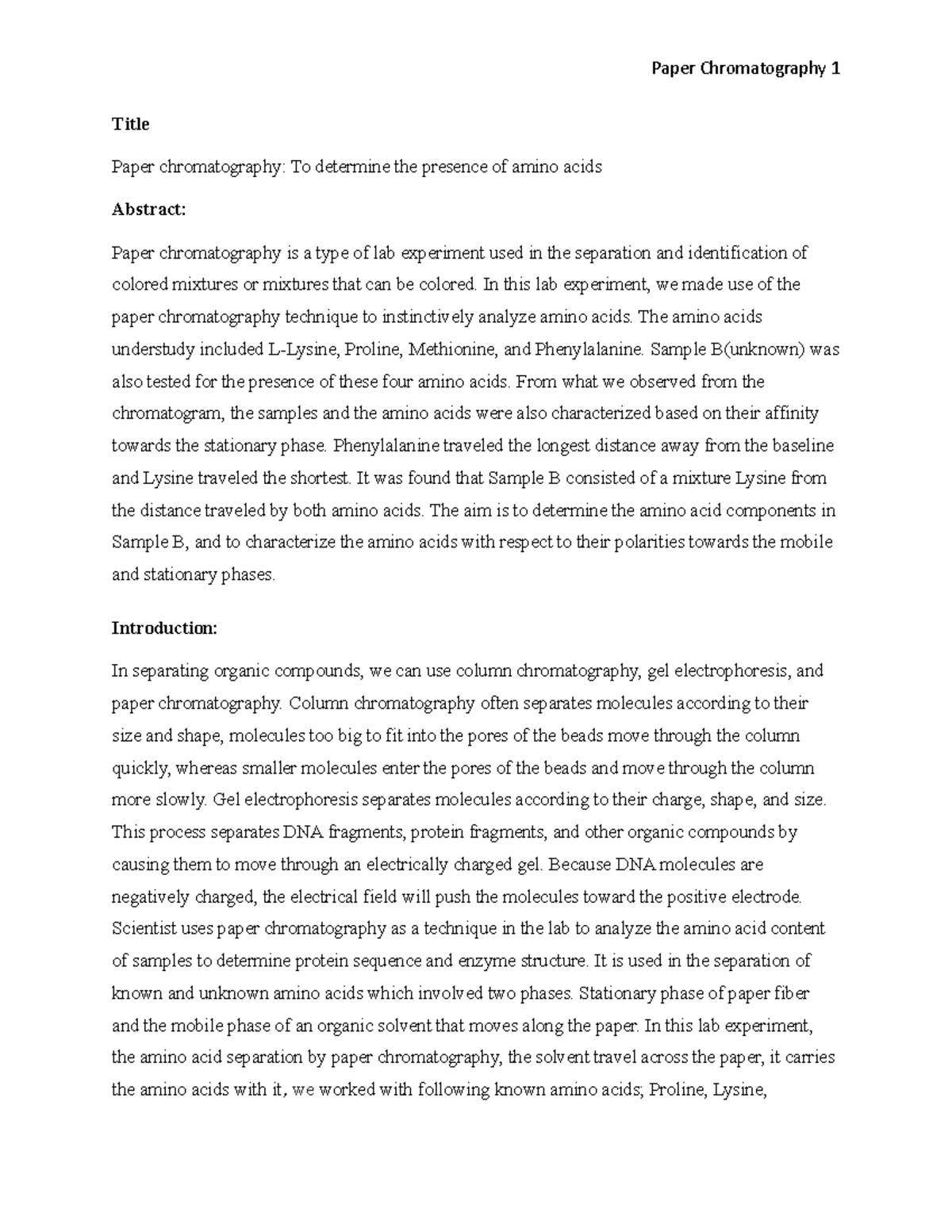 chromatography experiment lab report matriculation