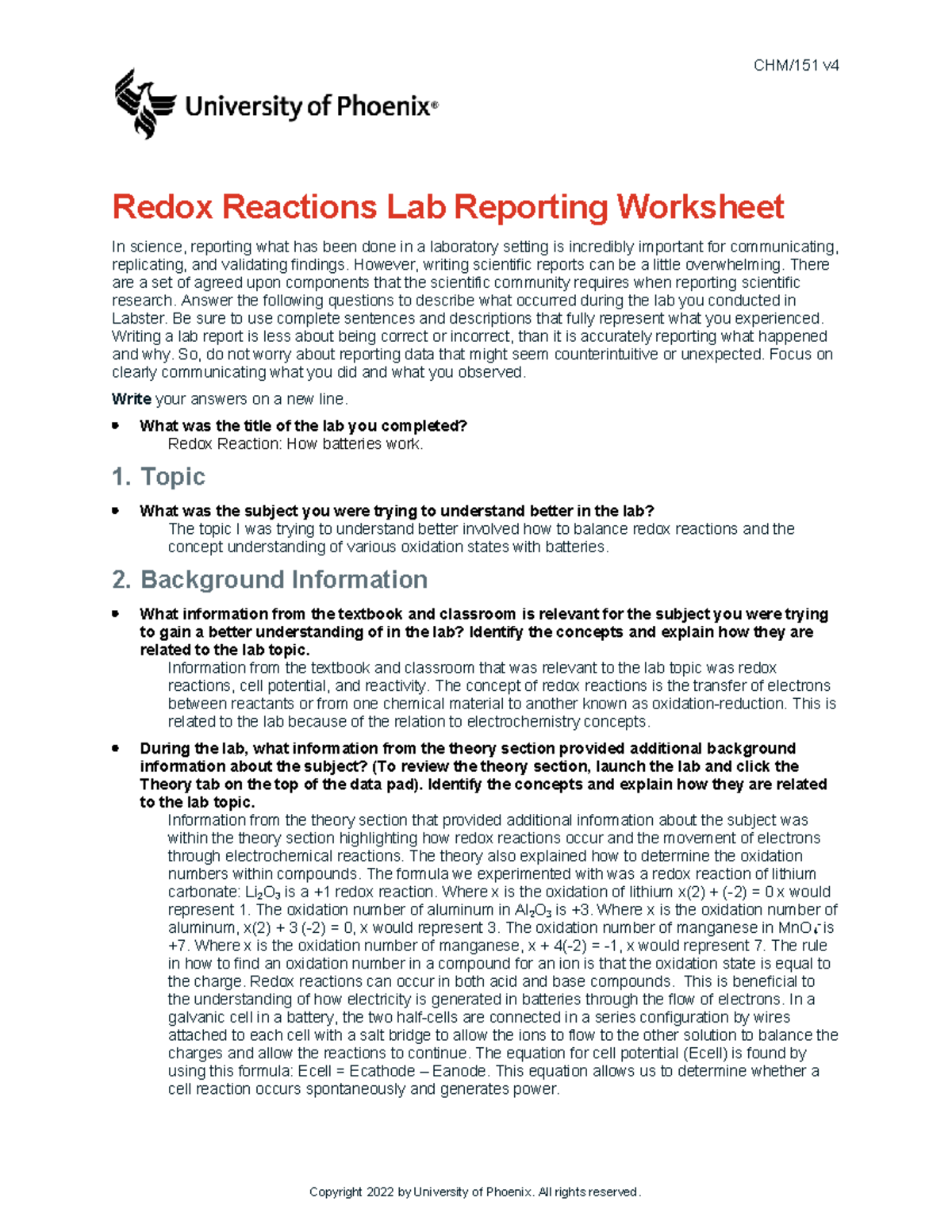 Chm151 V4 Wk5 Redox Reactions Lab Report - CHM/151 V Redox Reactions ...