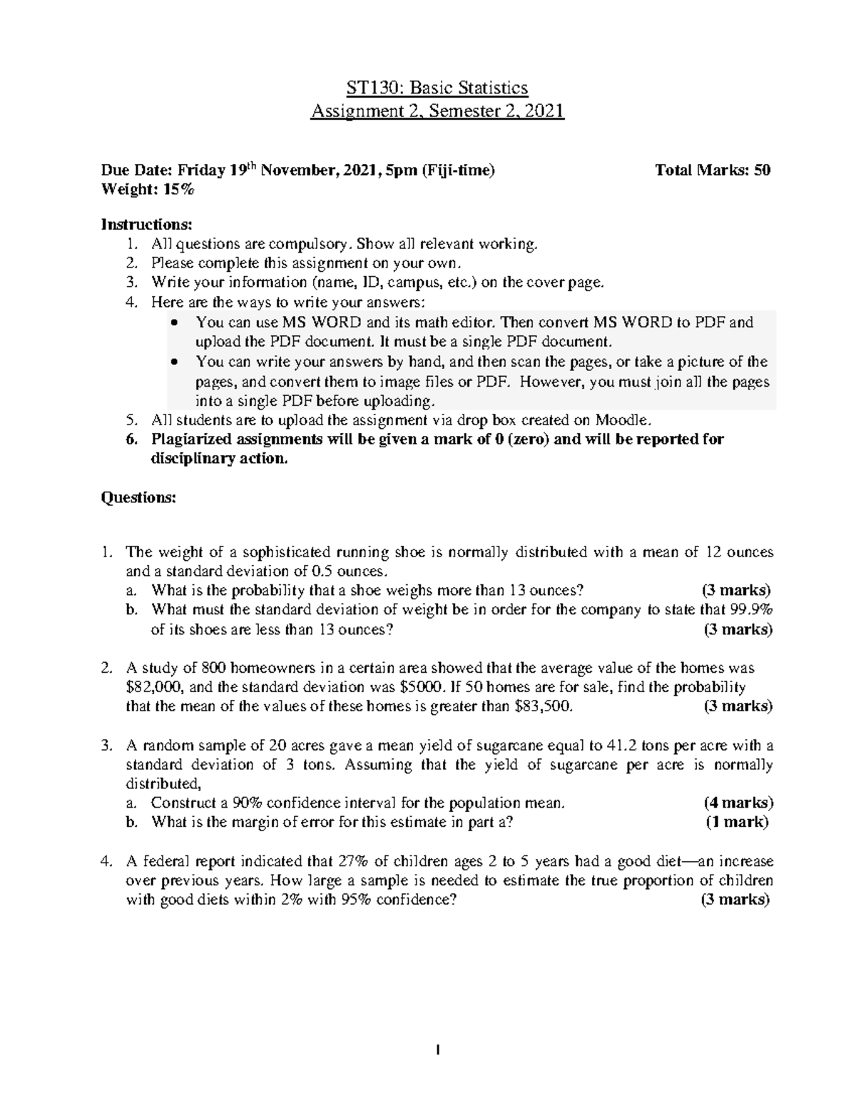 ST130 Assignment S2 2021 - 1 ST130: Basic Statistics Assignment 2 ...