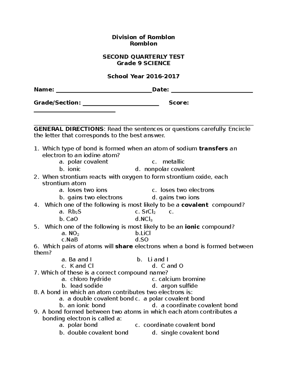 Ilide - exam notes - Division of Romblon Romblon SECOND QUARTERLY TEST ...