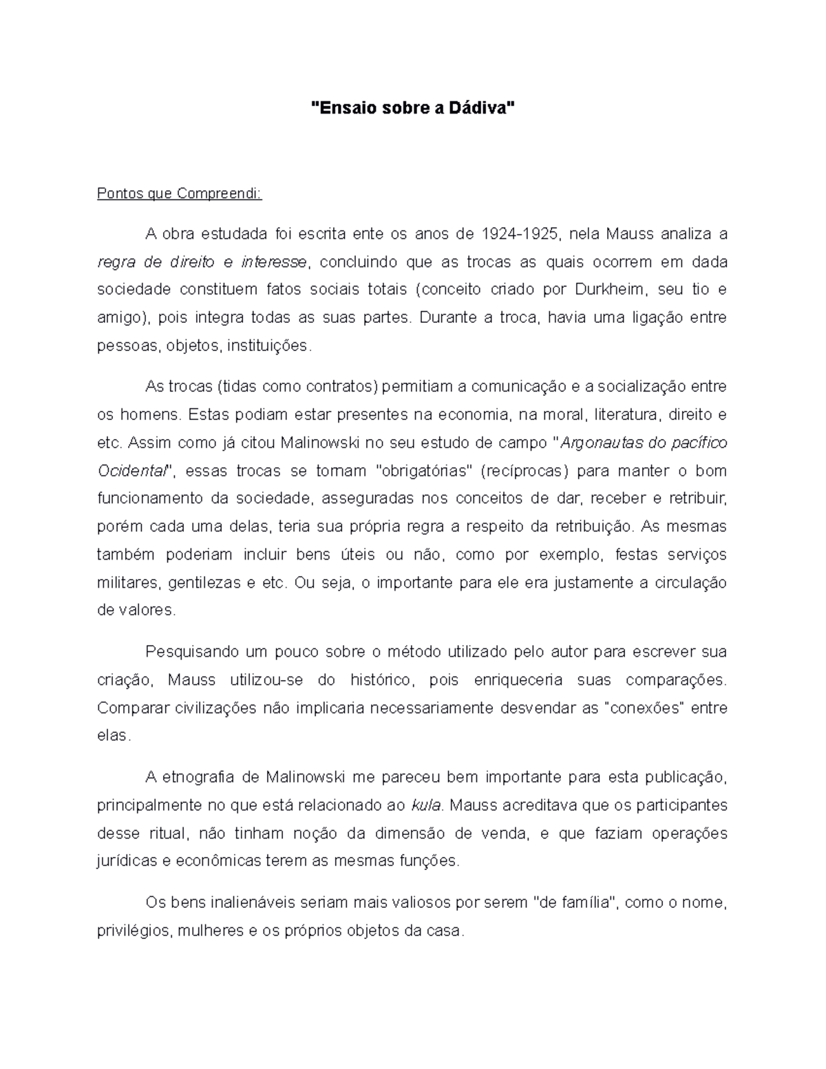 Reação - Ensaio sobre a Dádiva - 