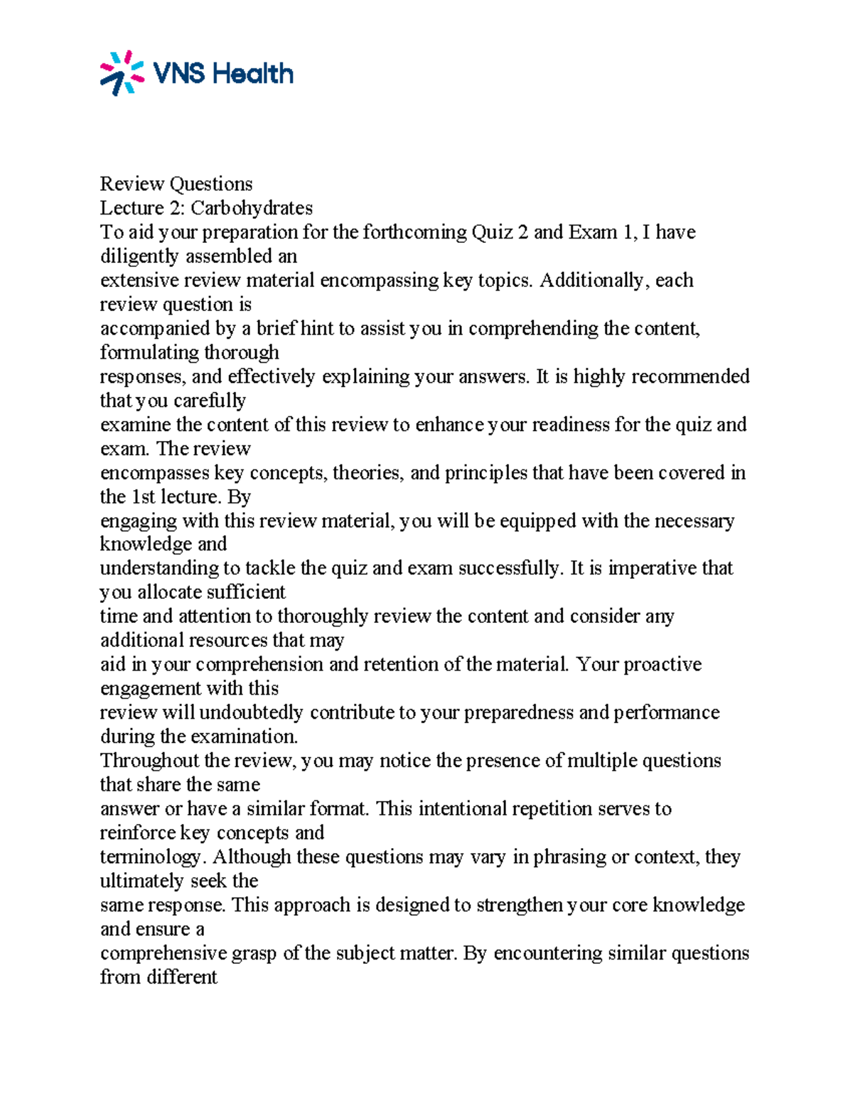 Review Questions - notes - Review Questions Lecture 2: Carbohydrates To ...