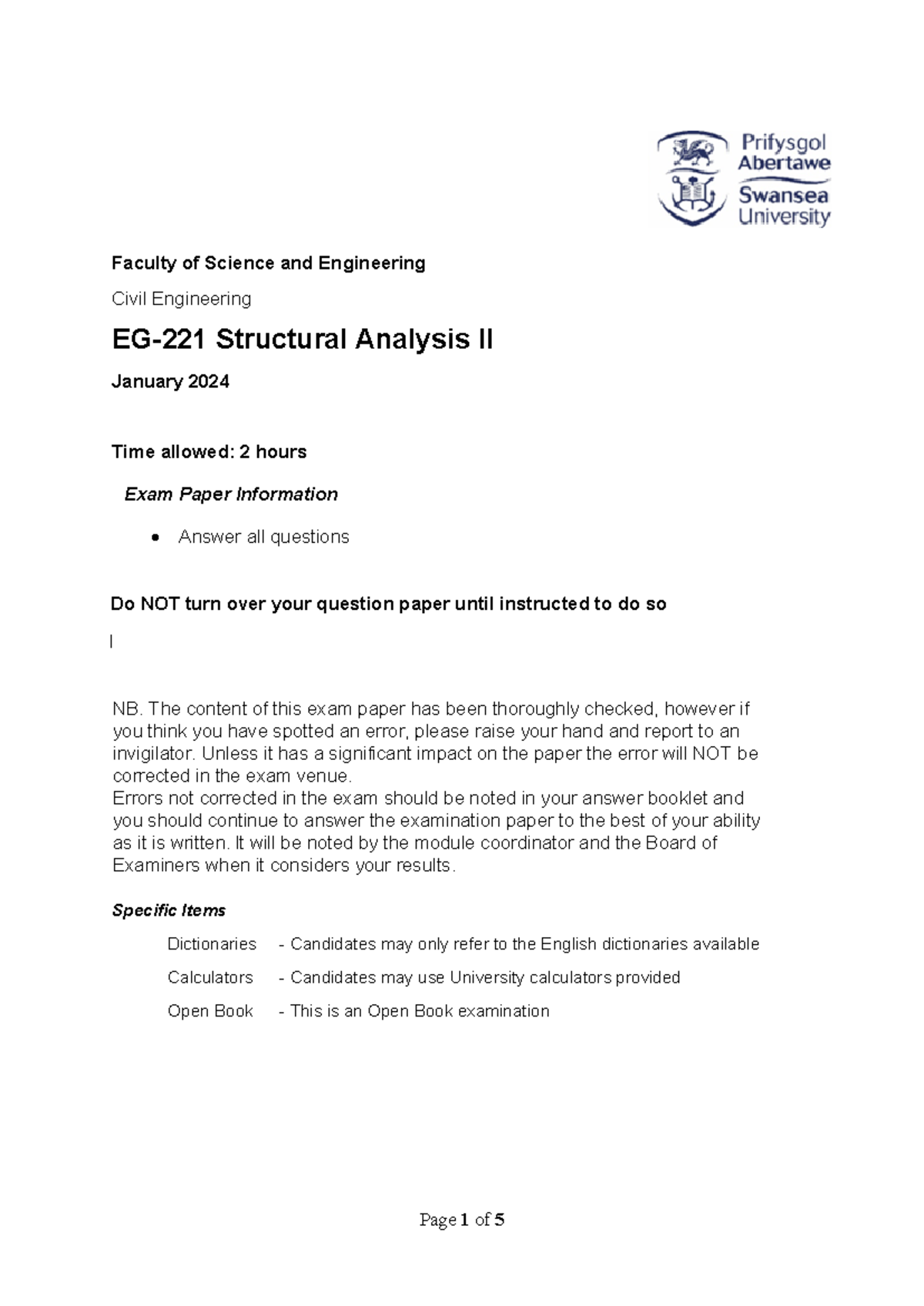 EG-221 Exam Paper 23-24 - Faculty of Science and Engineering Civil ...