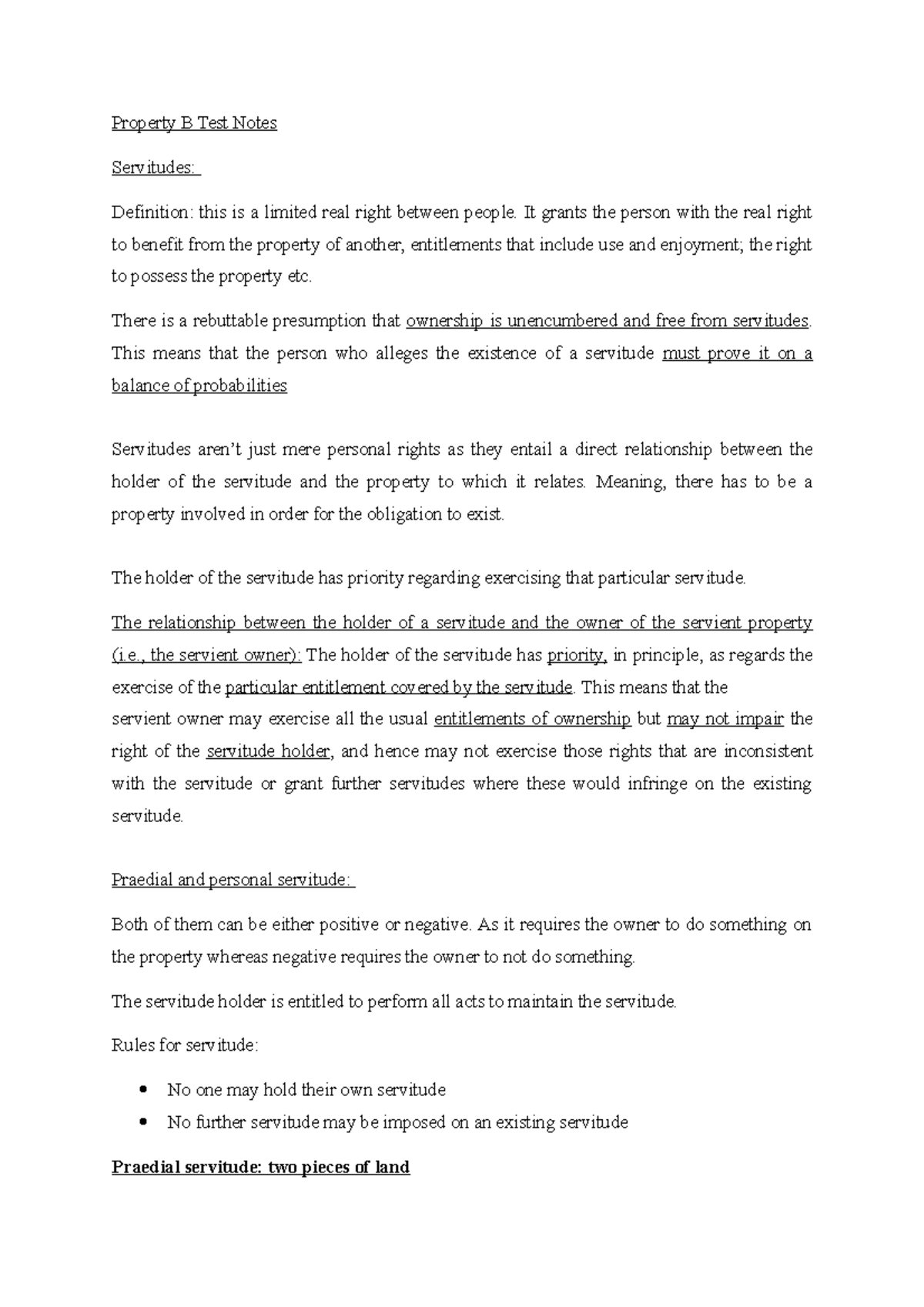 Property B test notes - Property B Test Notes Servitudes: Definition ...