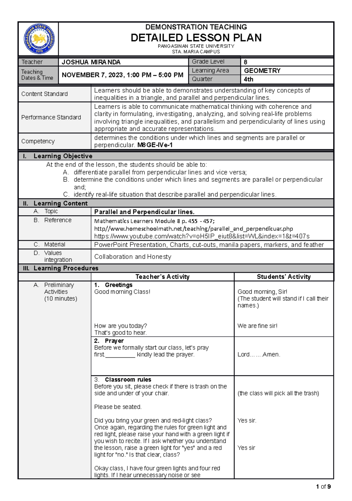 Lesson plan Joshua M - DEMONSTRATION TEACHING DETAILED LESSON PLAN ...