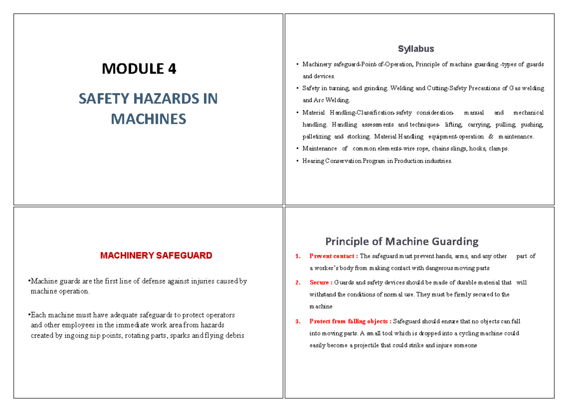 ISE mod 4 Good MODULE 4 SAFETY HAZARDS IN MACHINES Syllabus