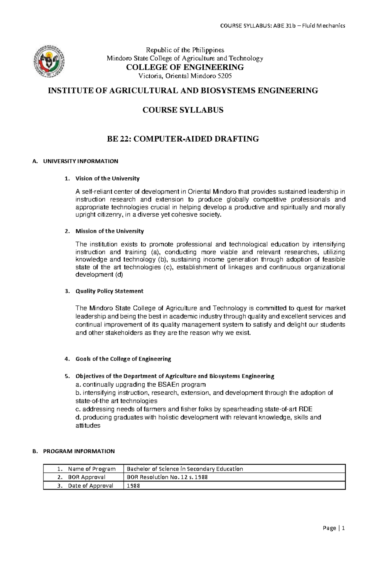 CAD- Syllabus - Lecture Notes 1 - Republic Of The Philippines Mindoro ...