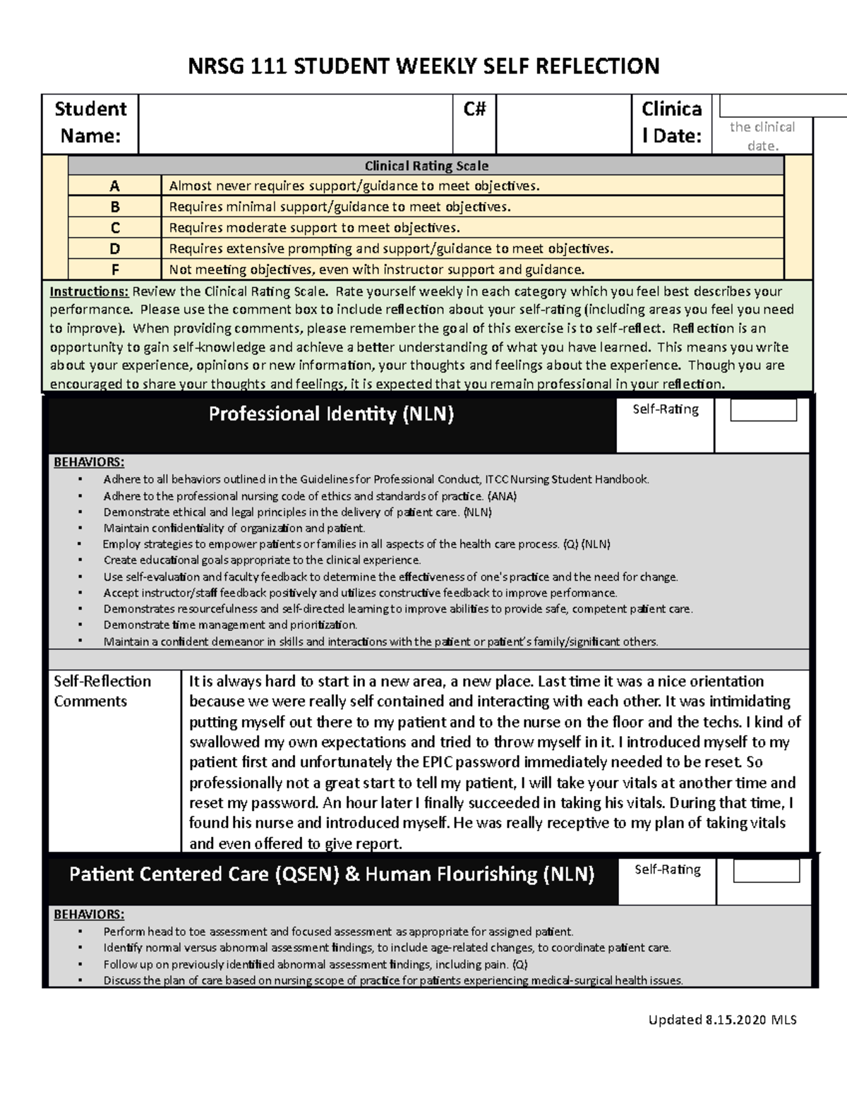 NRSG 111 Student Self Reflection 8 - NRSG 111 STUDENT WEEKLY SELF ...