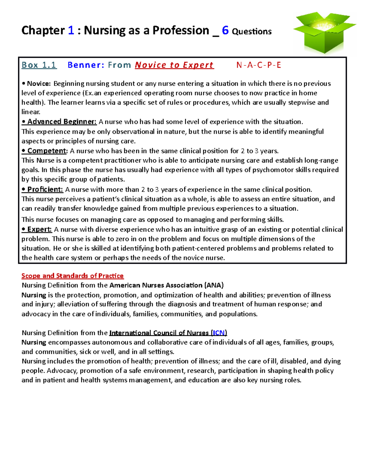 1. Exam 1 Book' Boxes Ch 1 Nursing As A Profession - Chapter 1 ...