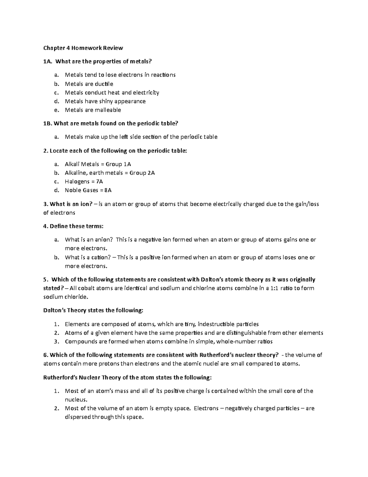 CHEM1305 Exam II Study Guide - Chapter 4 Homework Review 1A. What are ...