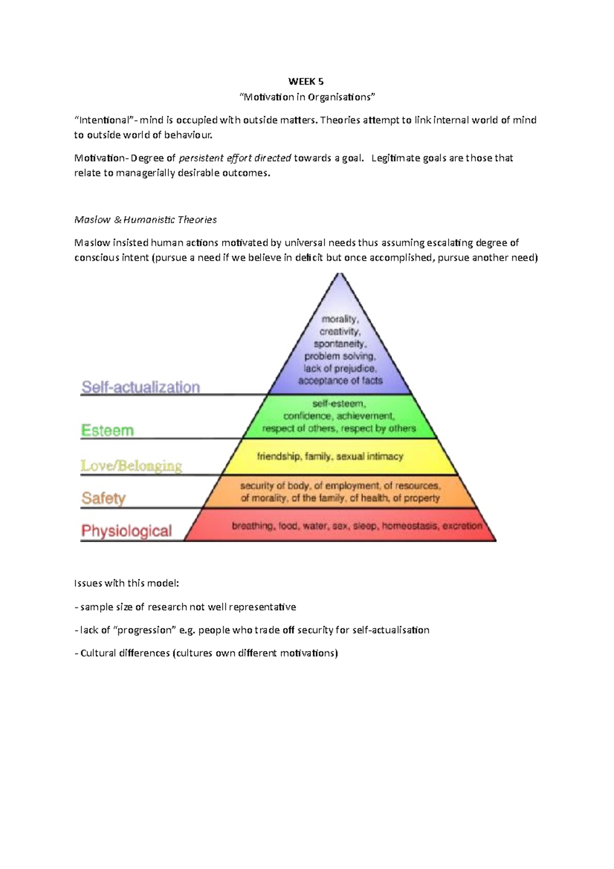 Week 5 Notes - Week 5 “motivation In Organisations” “intentional”- Mind 