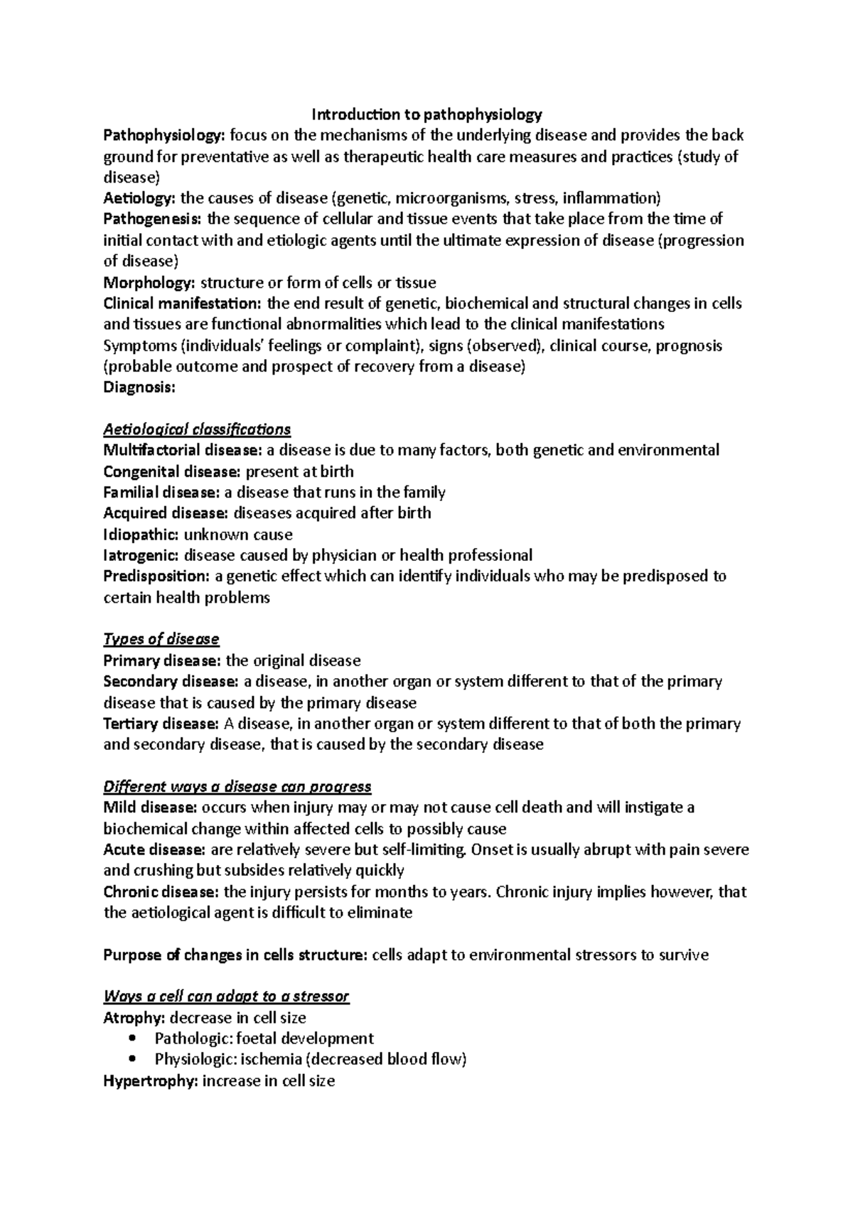 Exam prep - Pathophysiology - Introduction to pathophysiology ...