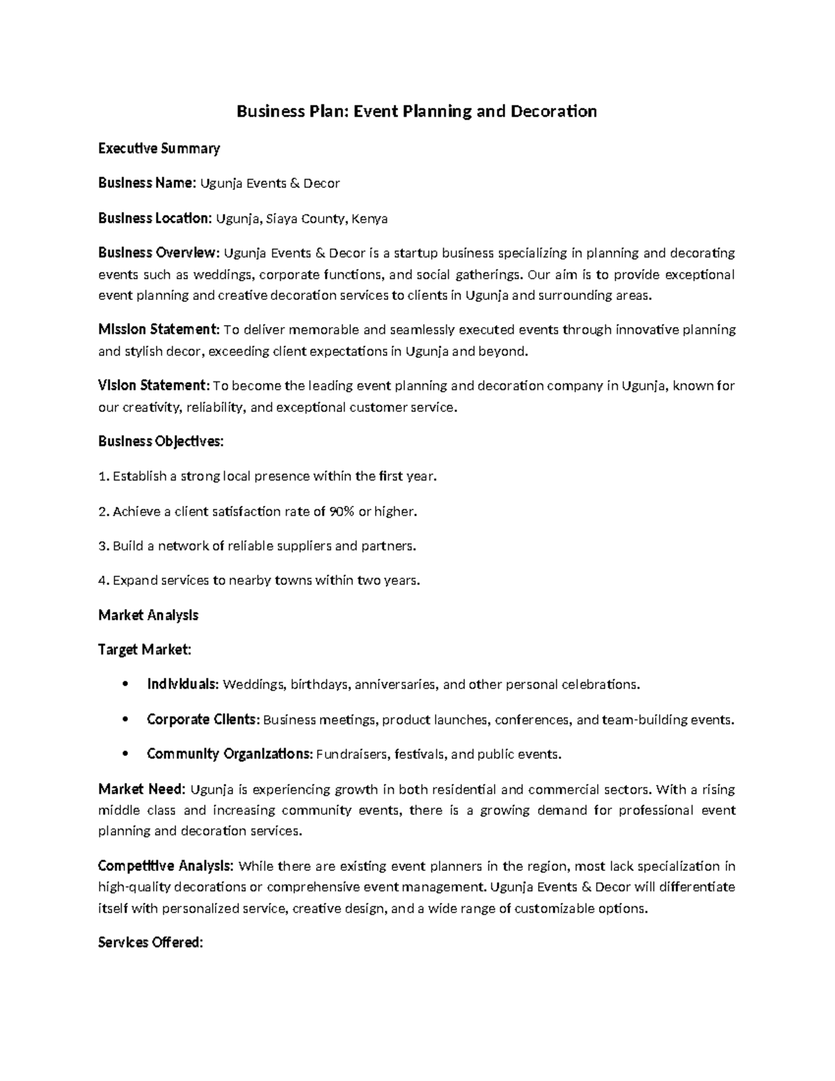 Business Plan - Guidance material - Business Plan: Event Planning and ...