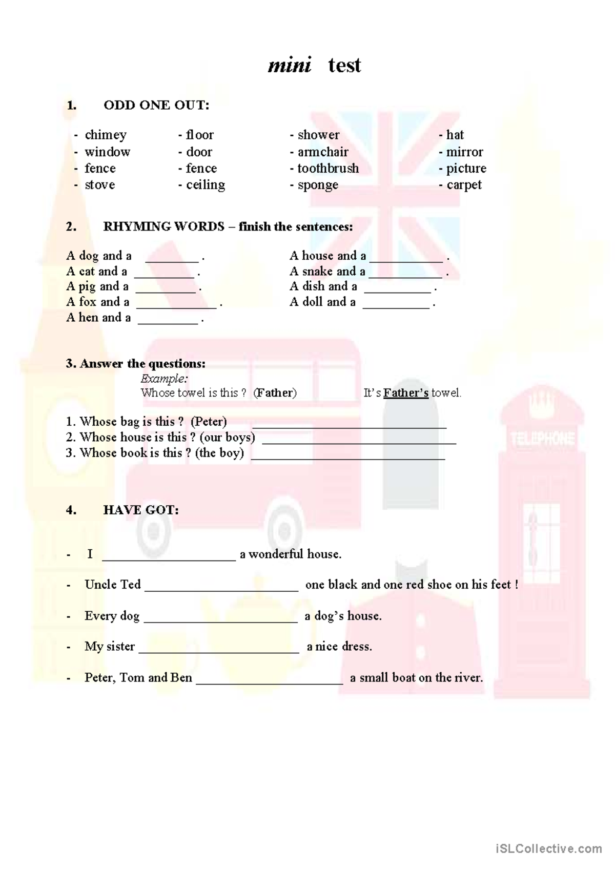 Mini TEST Grammar - elementary - mini test 1. ODD ONE OUT: - chimey ...