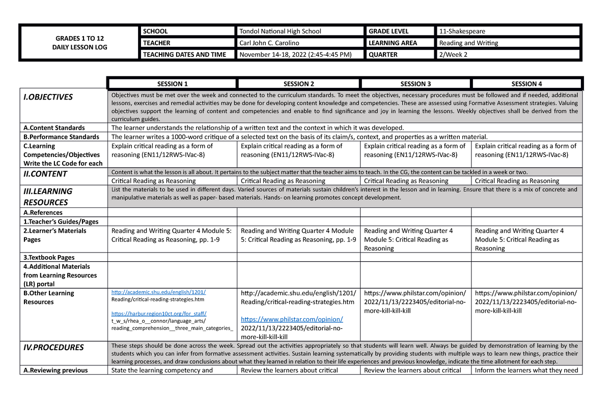 Rw Q2 W2 Sample Lesson Log Grades 1 To 12 Daily Lesson Log School Tondol National High 3533