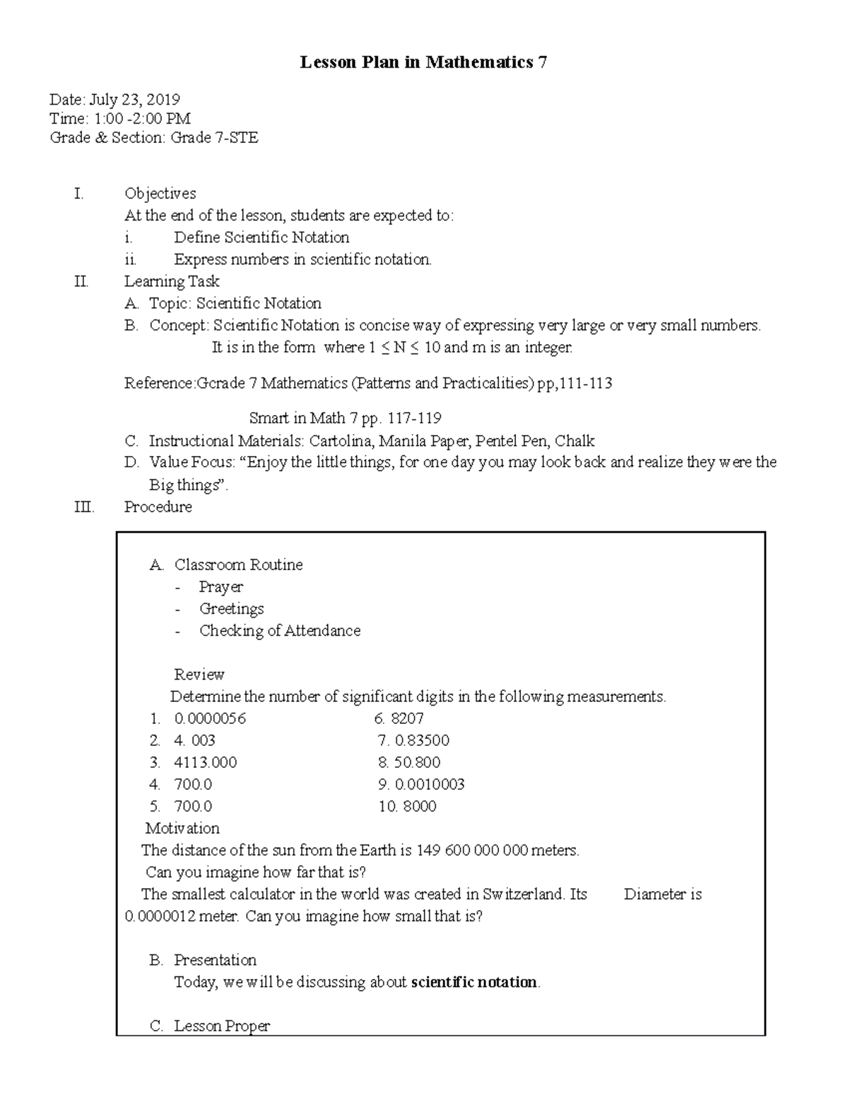Lesson Plan in Mathematics 7,..Scientific Notation Lesson Plan in