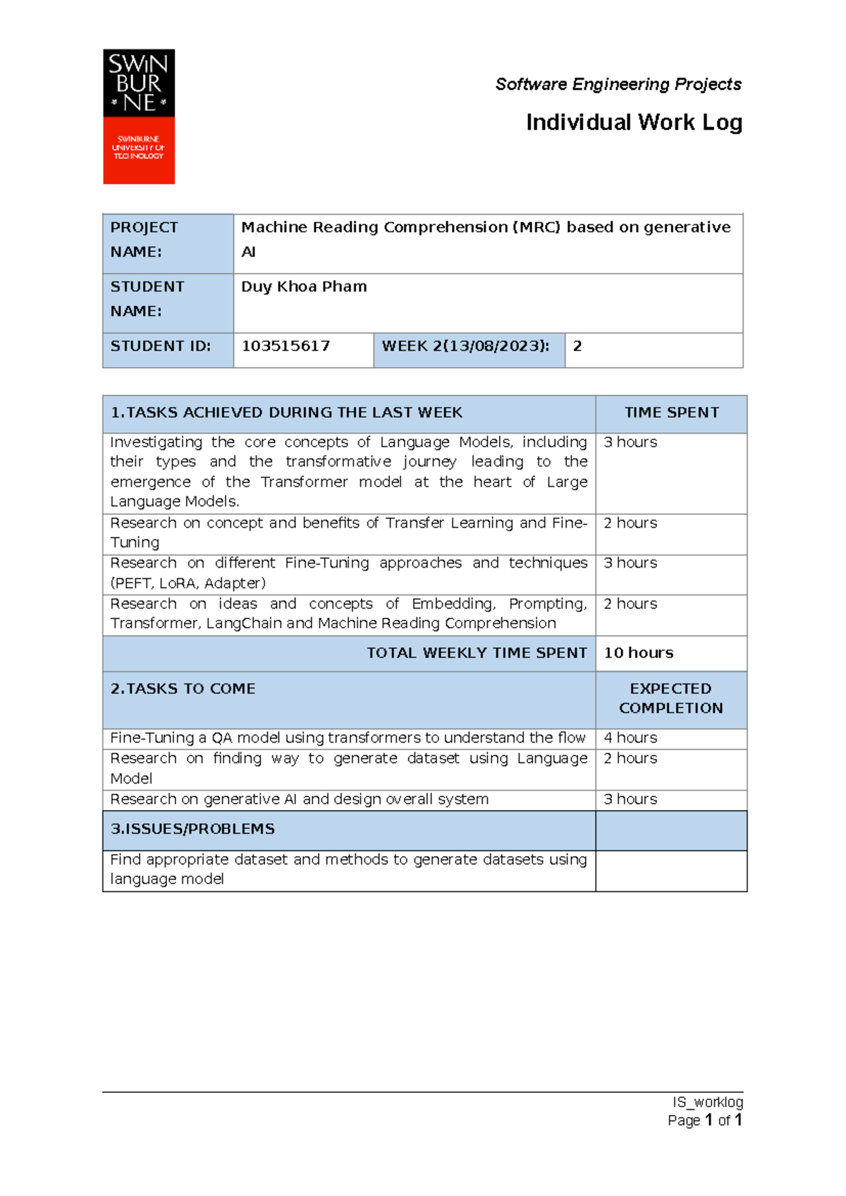 IS Worklog Week 2 - Software Engineering Projects Individual Work Log ...