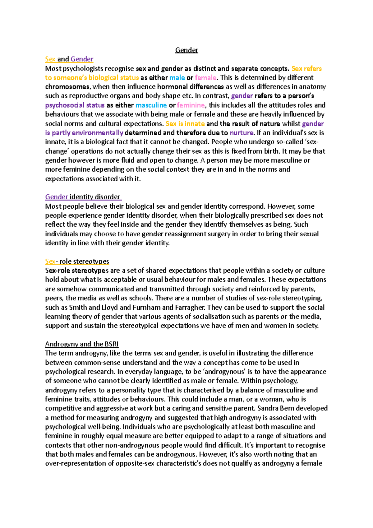 A Level Psychology Gender Notes Gender Sex And Gender Most