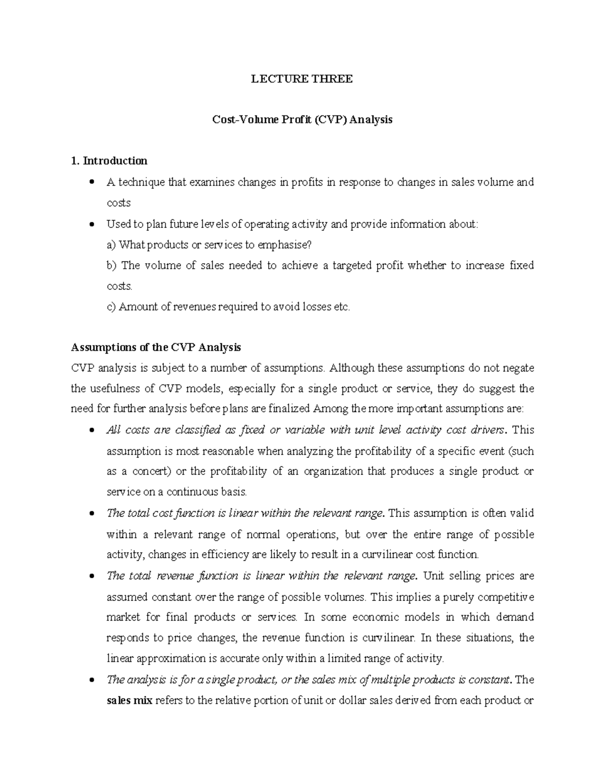 Cost volume profit analysis - LECTURE THREE Cost-Volume Profit (CVP ...