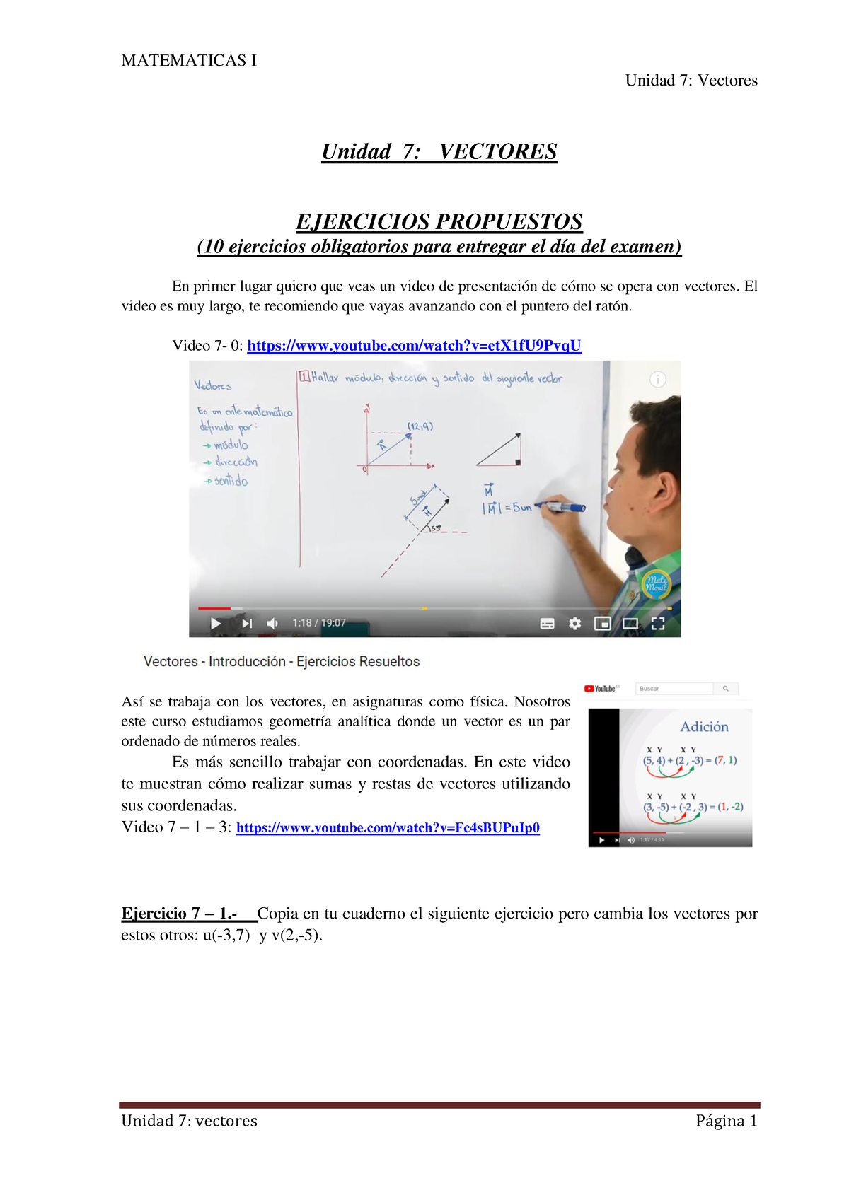 1920 Unidad 7 Mates 1 Pend - Unidad 7: Vectores Unidad 7: VECTORES ...