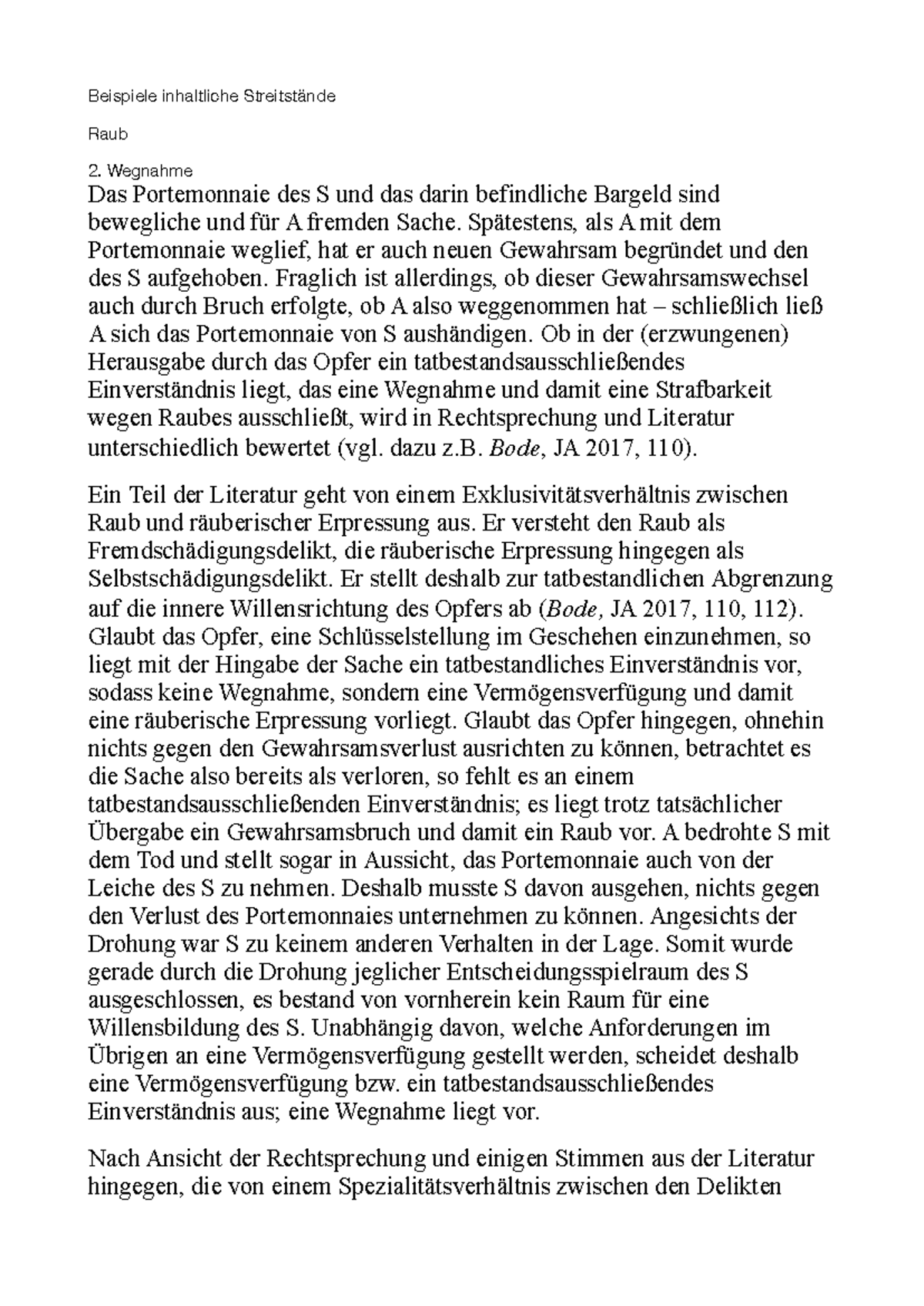 Text Abgrenzung Raub und Erpressung Beispiele inhaltliche Streitstände Raub 2.