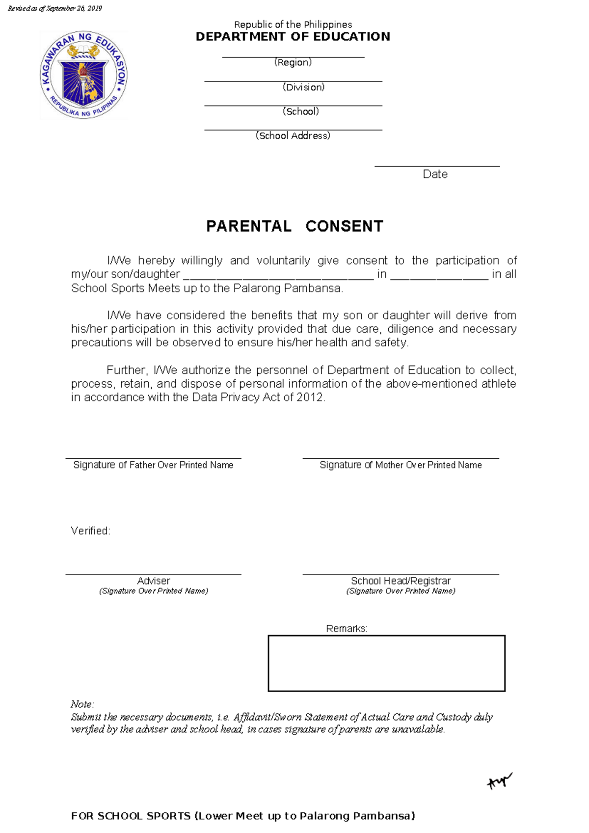 2020 Parents Consent revised 2 - Republic of the Philippines DEPARTMENT ...