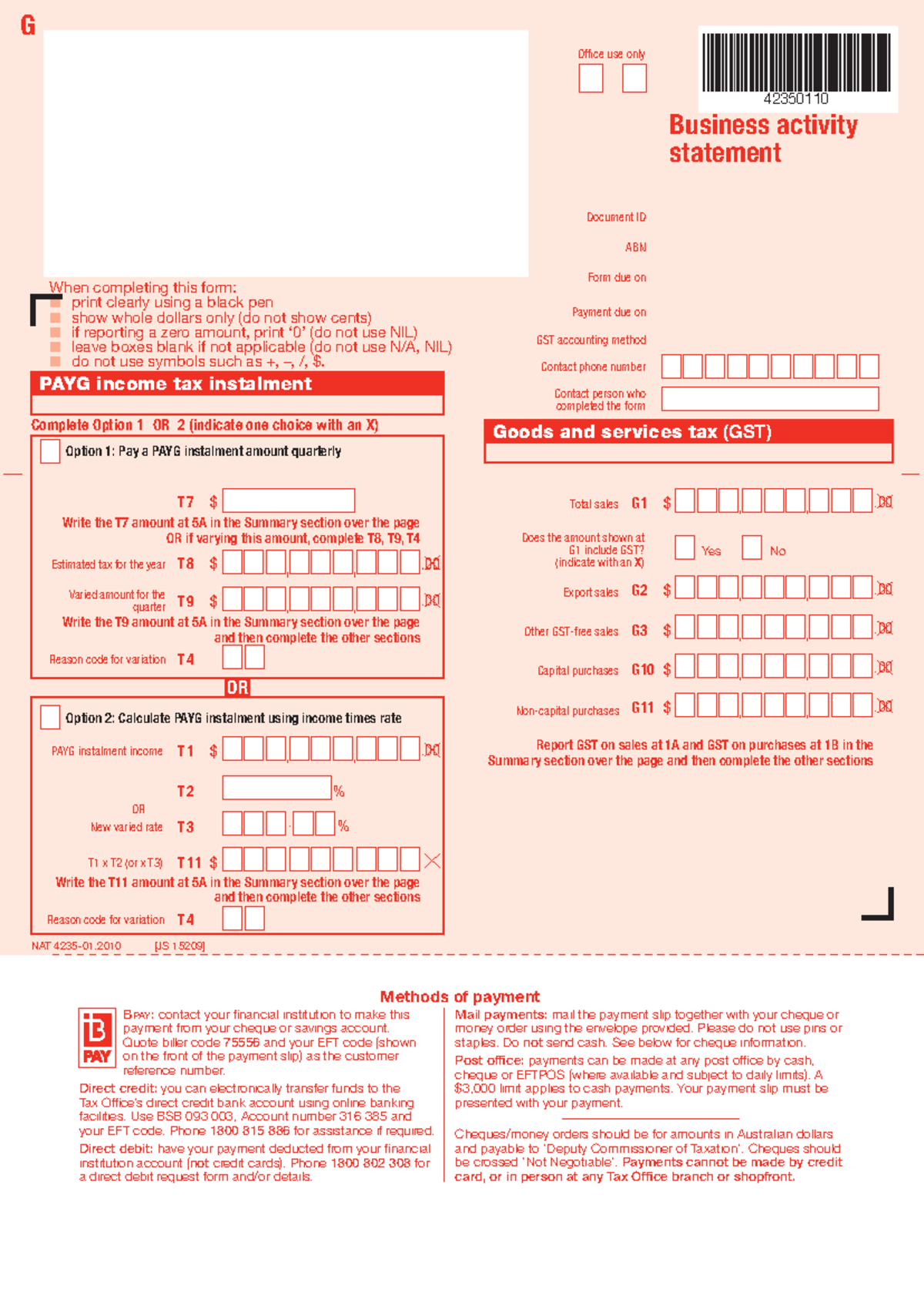 Sample BAS Methods of payment BPAY contact your fi nancial