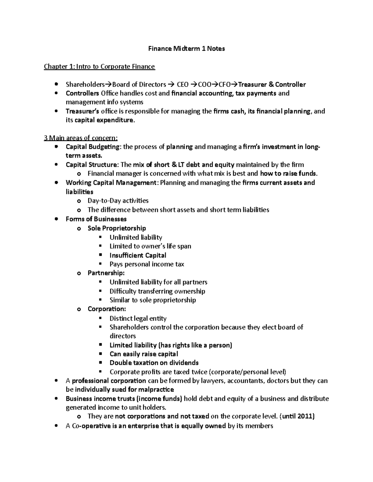 Docx - Lecture notes 1-9 - Finance Midterm 1 Notes Chapter 1: Intro to ...