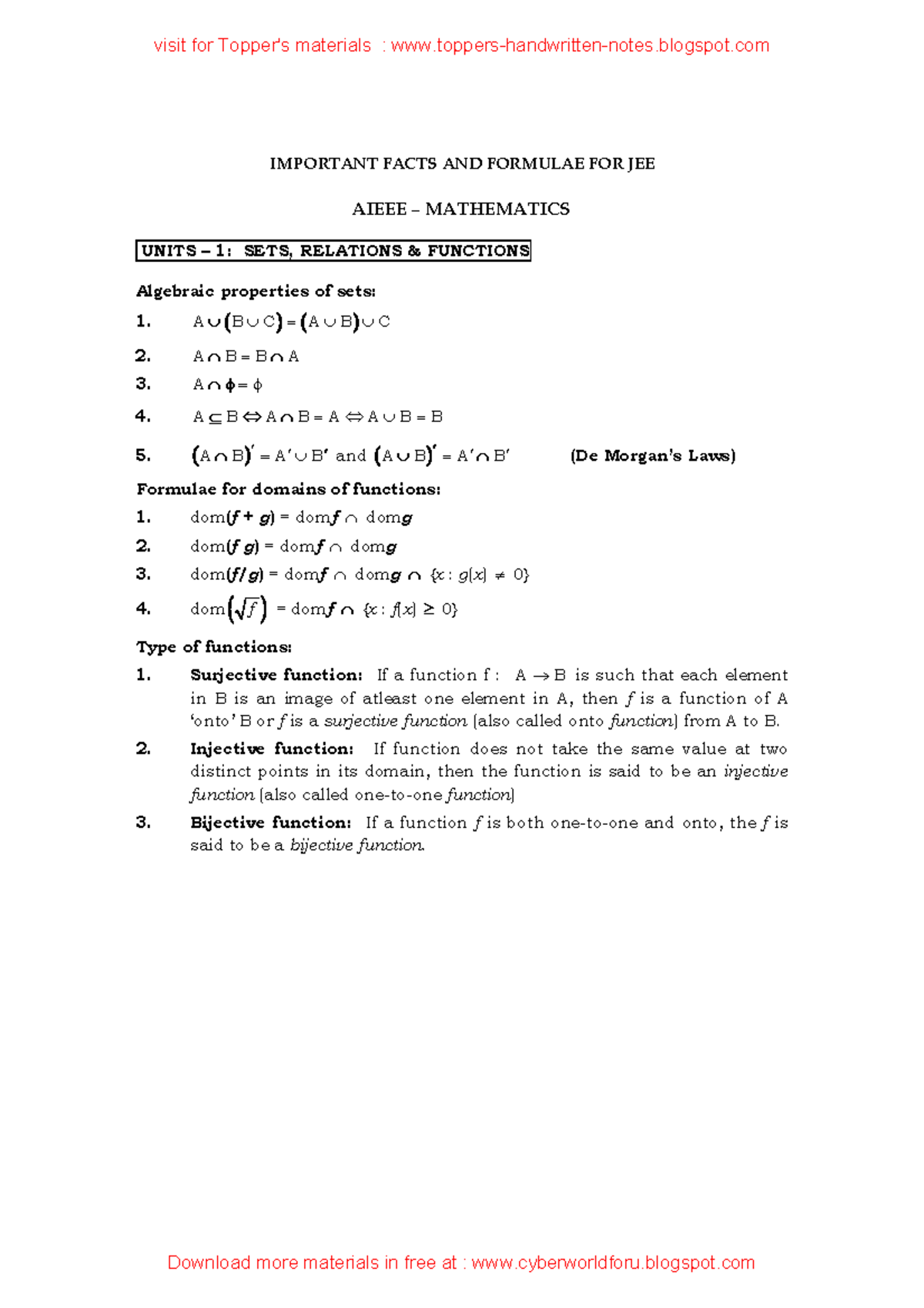 Mathematics Important Facts AND Formulae FOR JEE - IMPORTANT FACTS AND ...