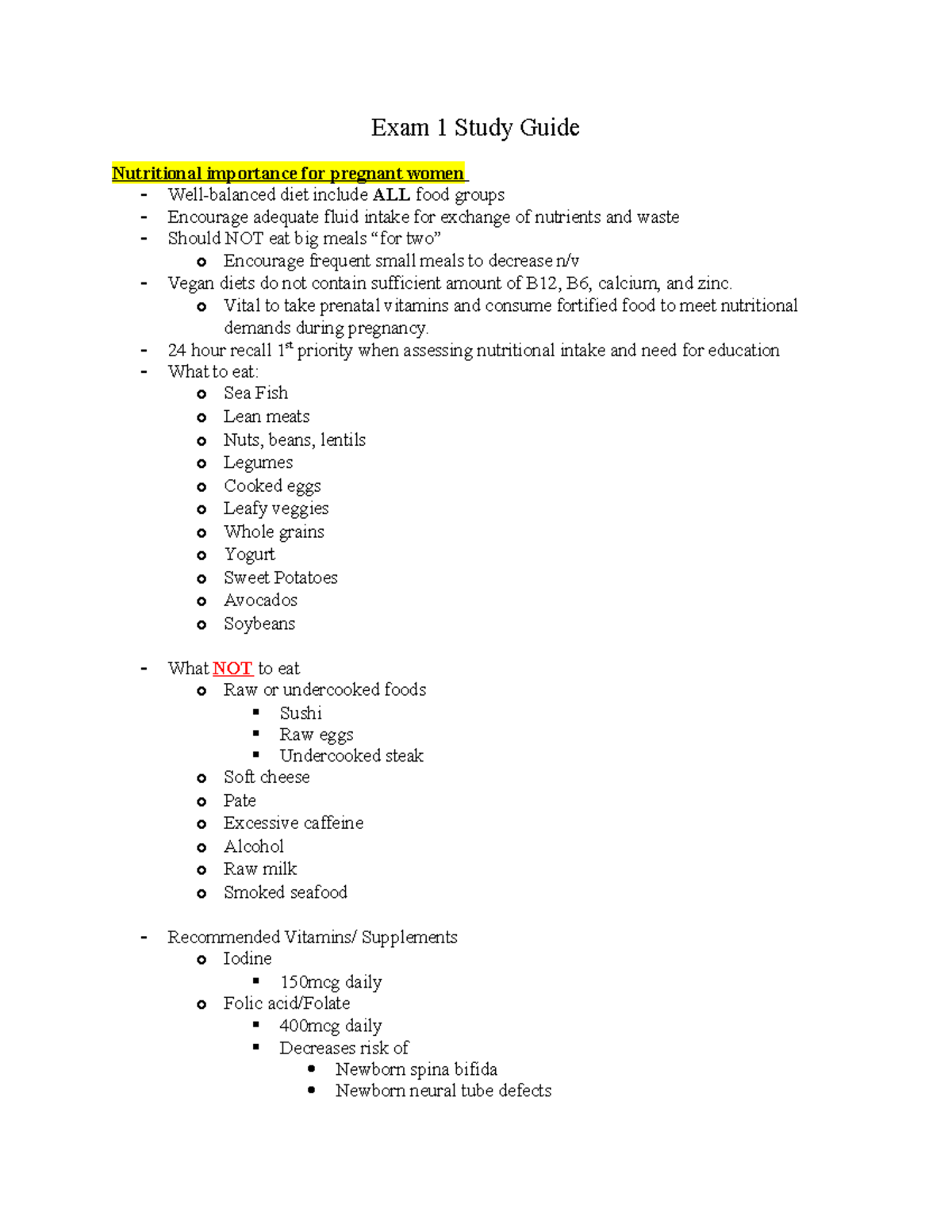 Maternity Exam 1 Study Guide (Final) - Exam 1 Study Guide Nutritional ...