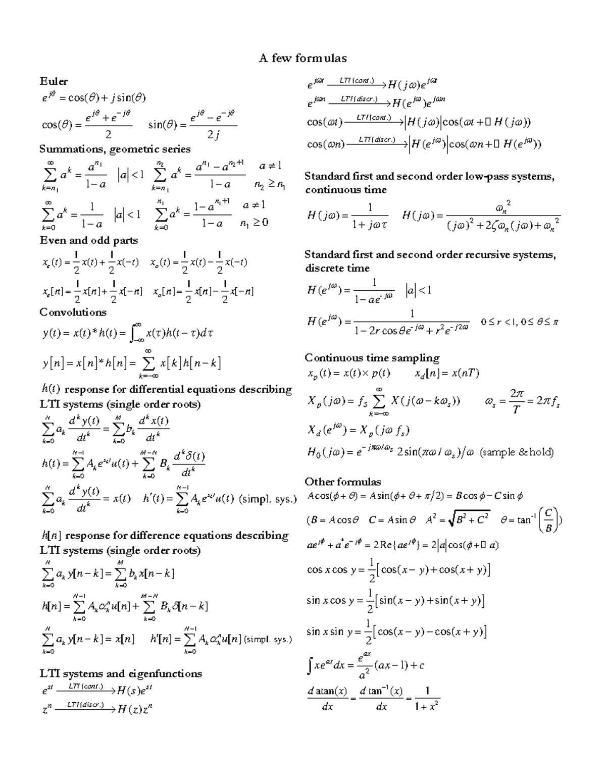 -Forula-spasmatic sign lSheets - A few formulas Euler cos( ) sin( ) j ...