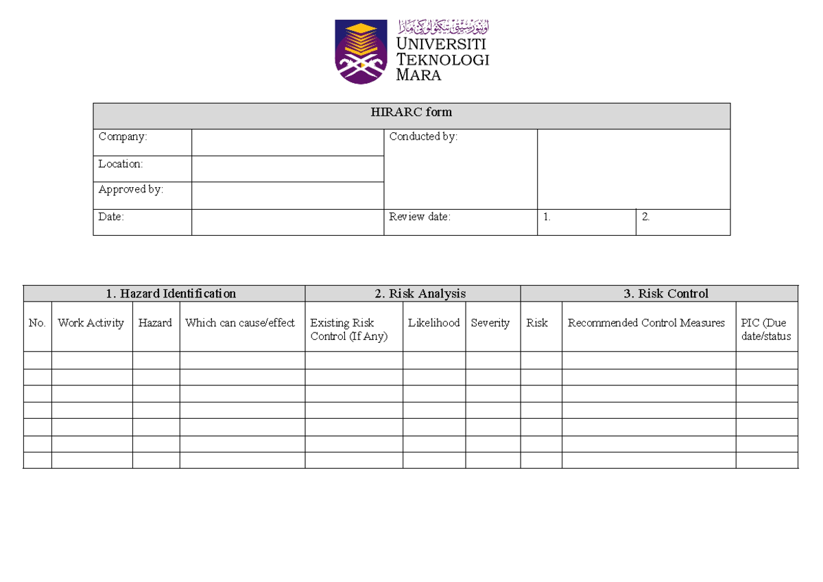 Hirarc form - Science Laboratory Safety - HIRARC form Company ...