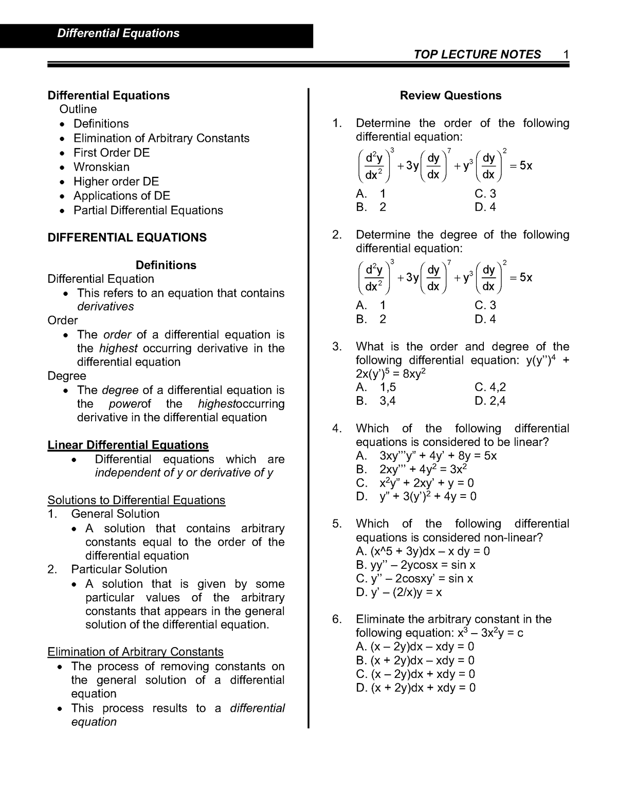 08 Differential Equations - TOP LECTURE NOTES 1 Differential Equations ...