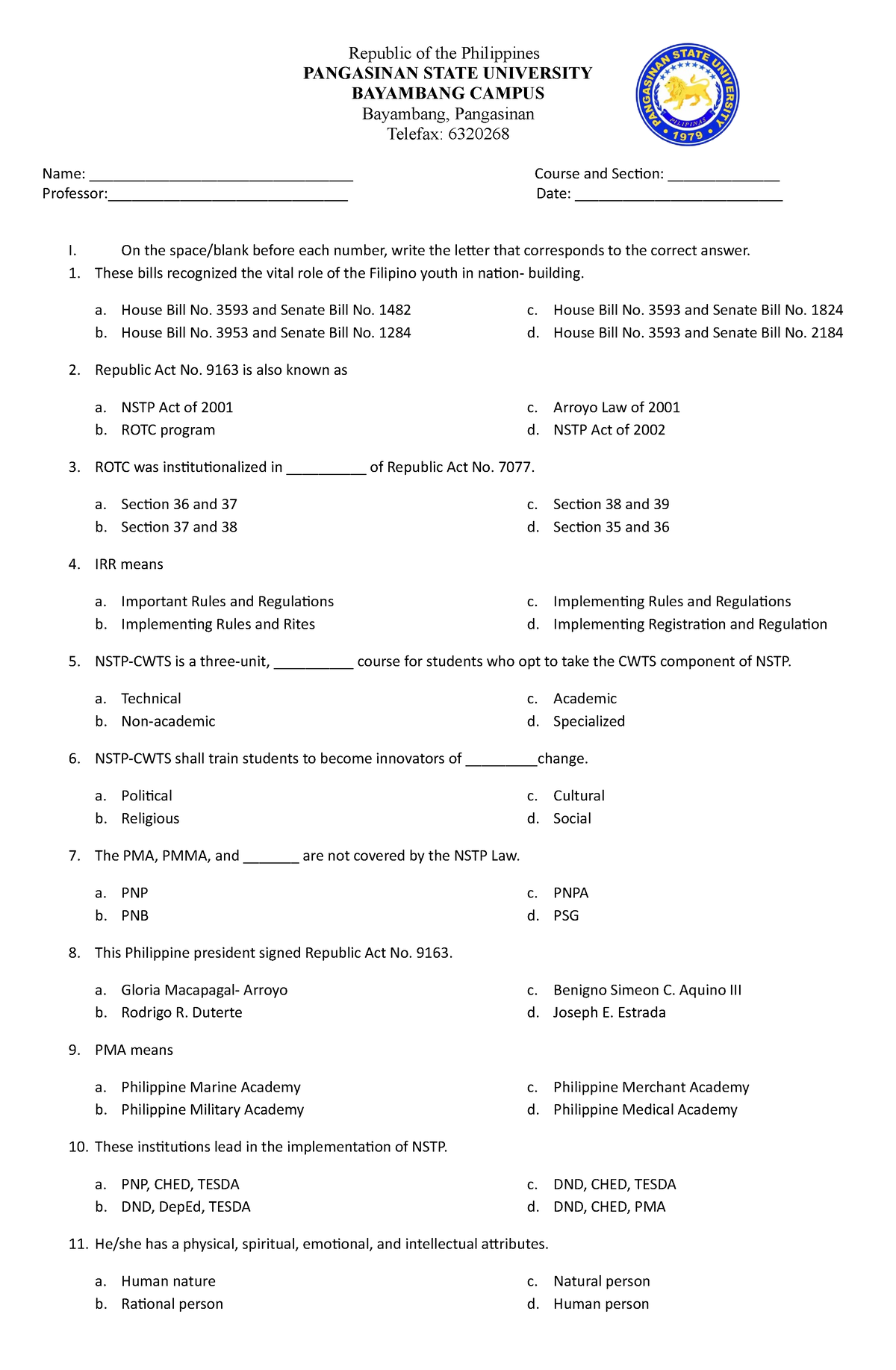 Examination NSTP - NSTP EXAM - Republic Of The Philippines PANGASINAN ...