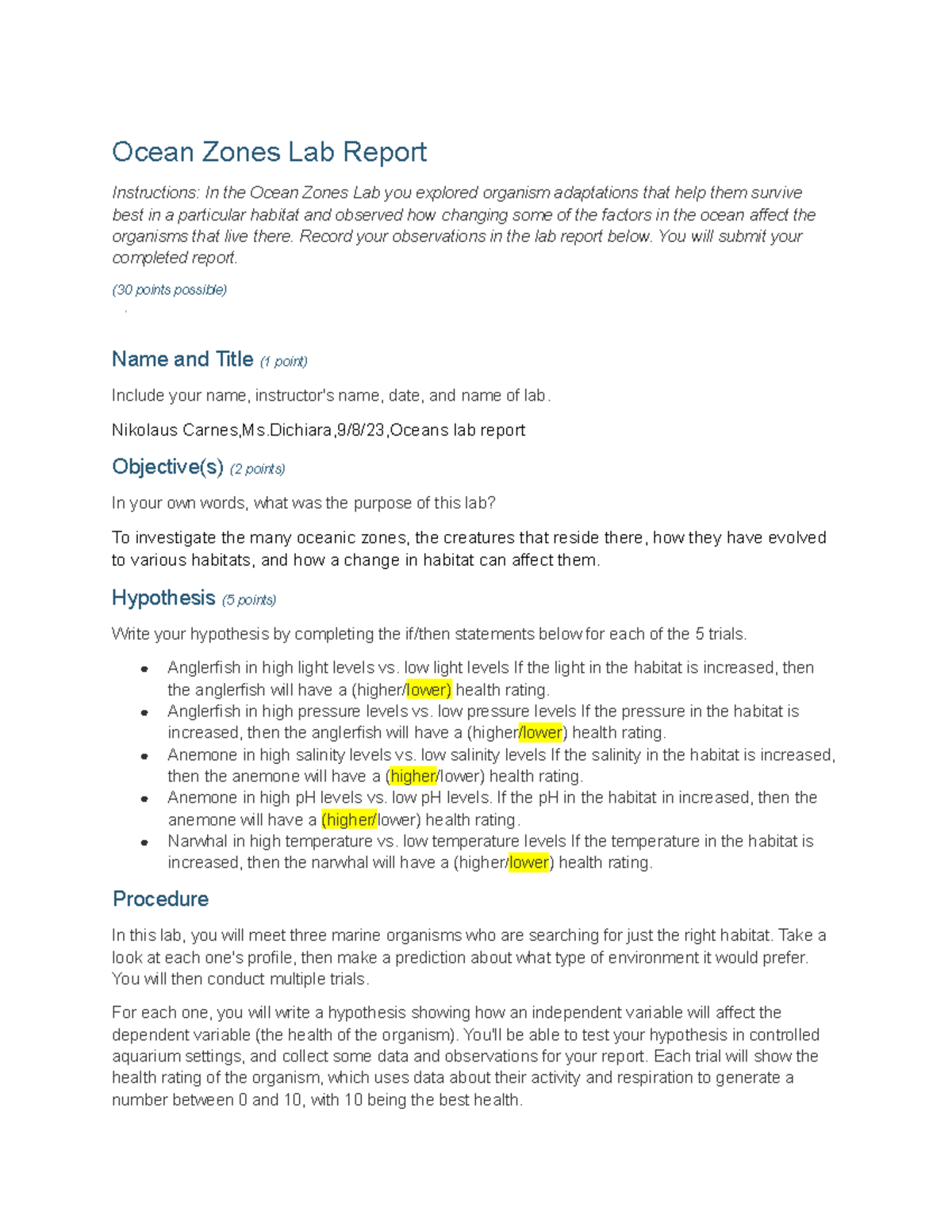 Ocean Zones Lab Report idk science stuff Ocean Zones Lab Report