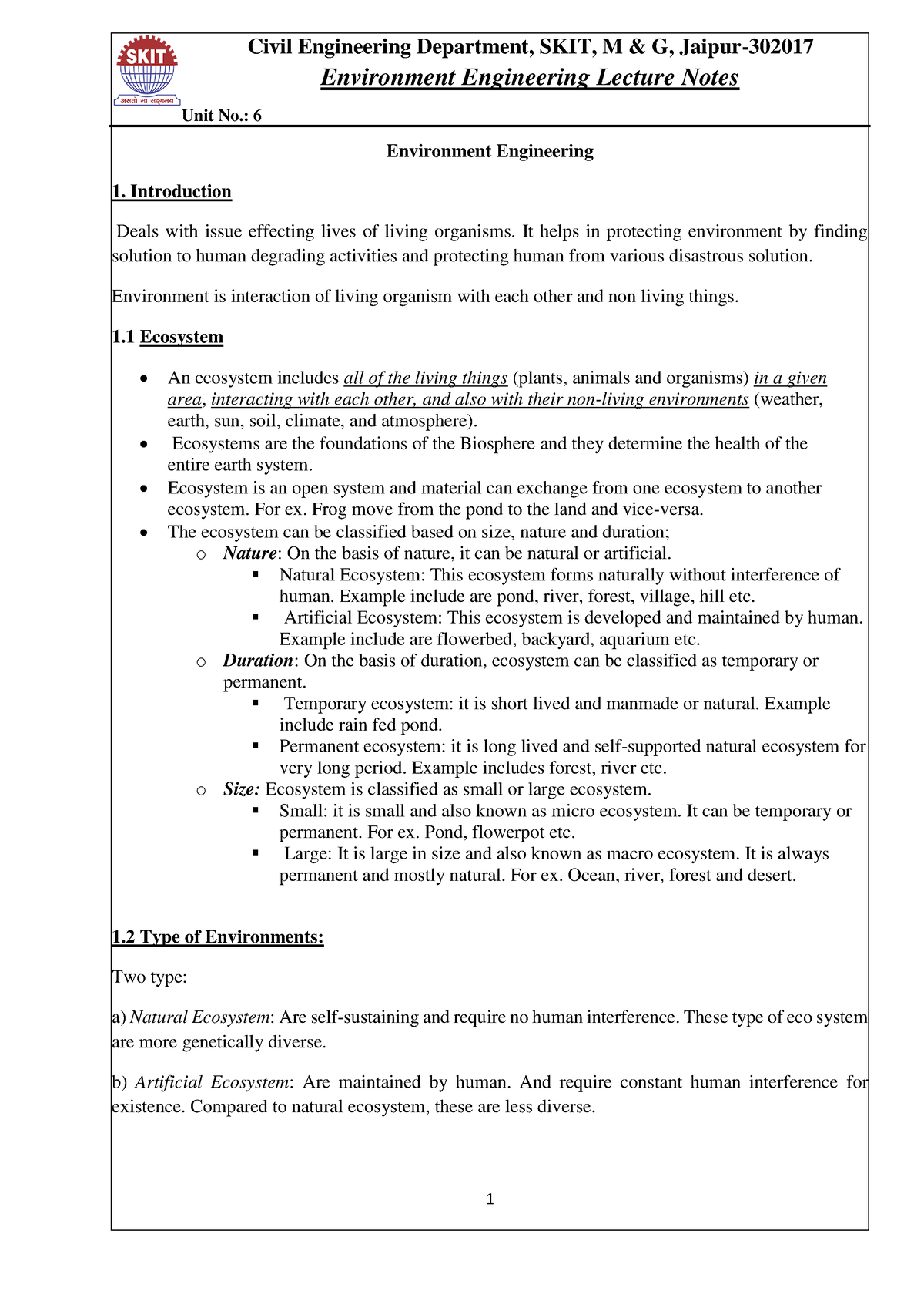 Unit 6 Environment Engineering Notes For BCE Subject - Environment ...