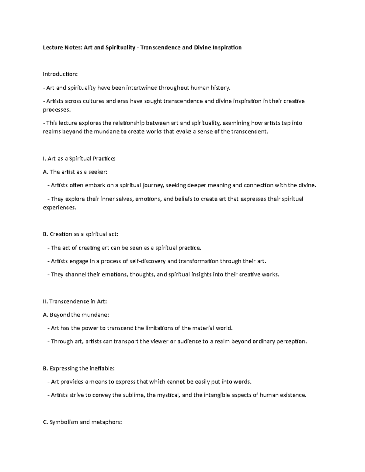 Lecture Notes: Art and Spirituality - Transcendence and Divine ...
