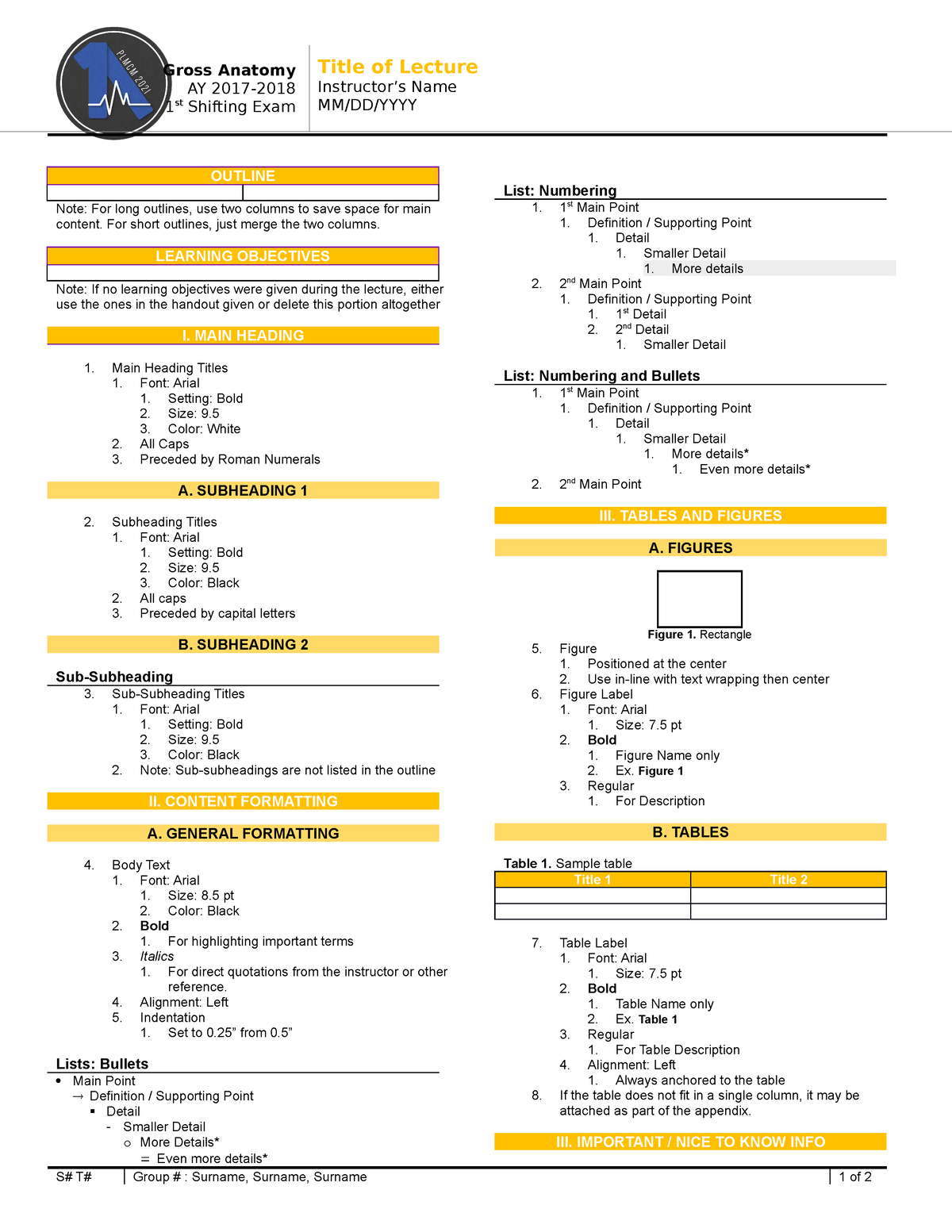 Original Transes Template Gross Anatomy AY 1st Shifting Exam Title Of 