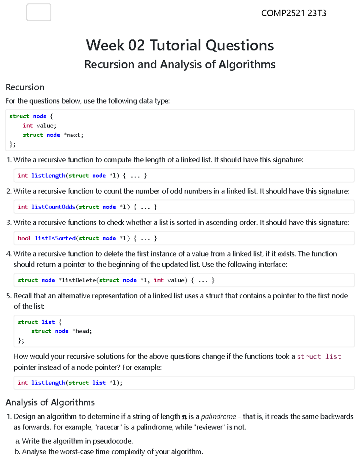 COMP2521 23T3 - Week 02 Tutorial Questions - Week 02 Tutorial Questions ...