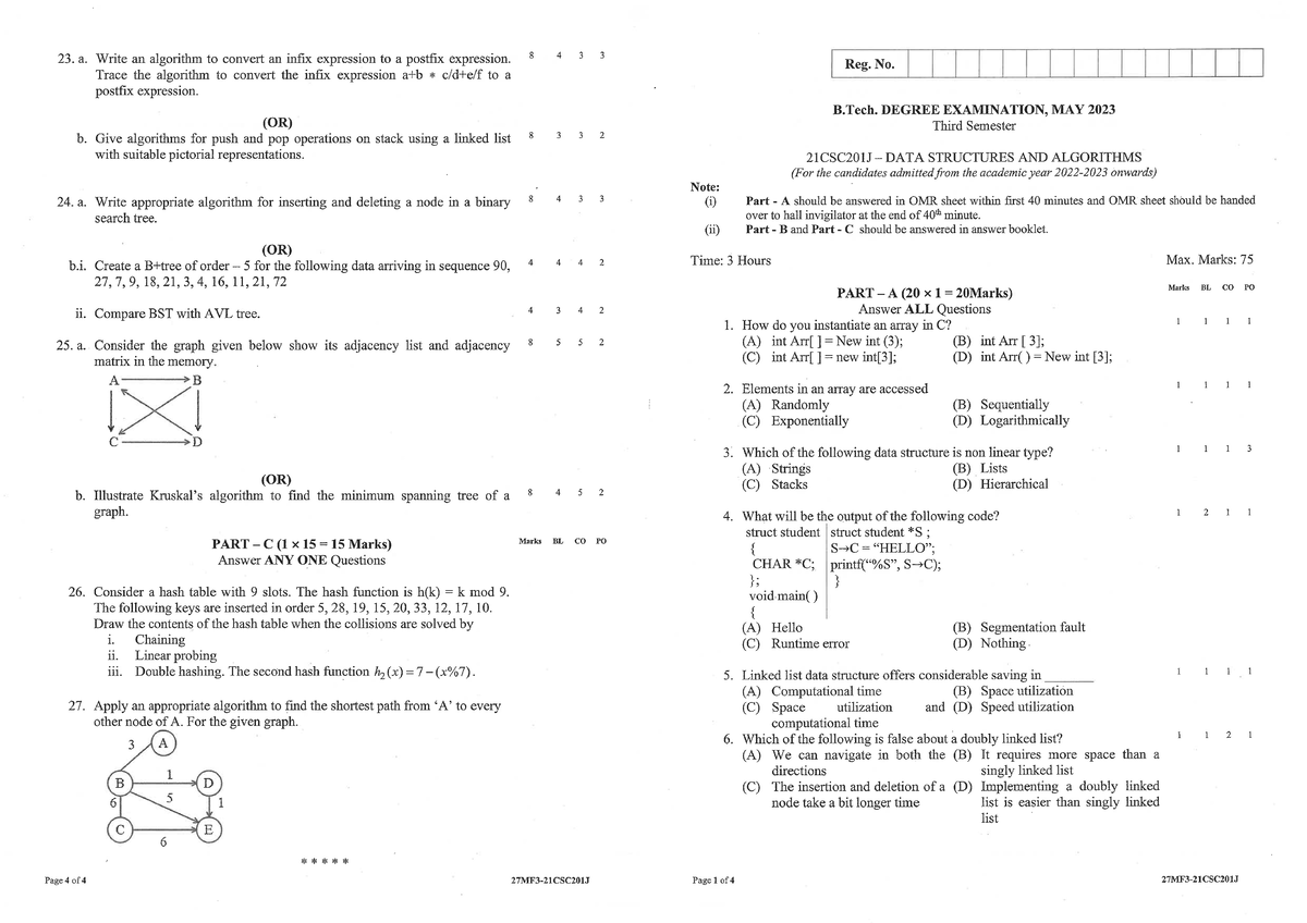 21CSC201J DSA1 - Sample Question Paper - Data Structures and Algorithms ...