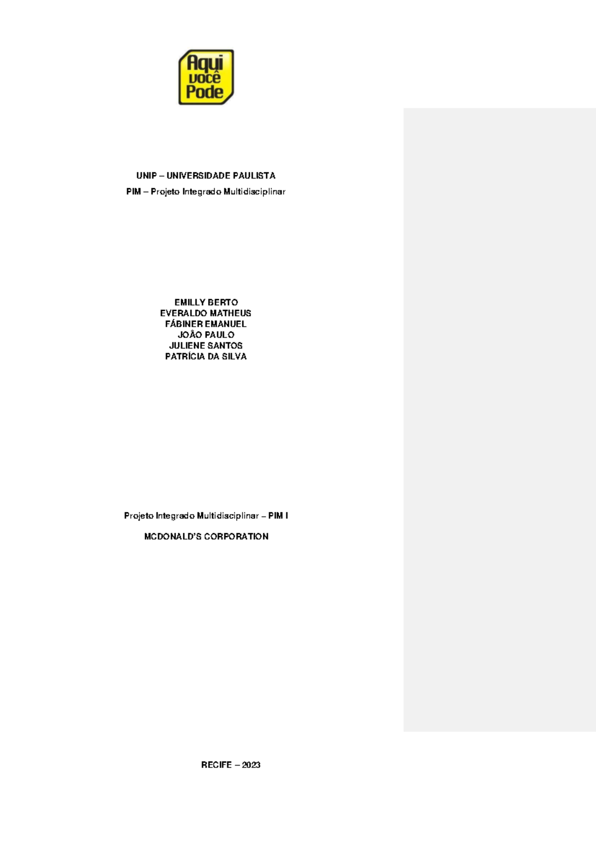 PIM 1 E 2 UNIP - LUDICO - UNIP – UNIVERSIDADE PAULISTA PIM – Projeto ...