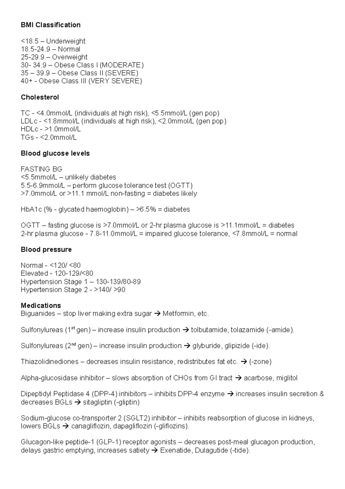 Values to remember BMI Classification