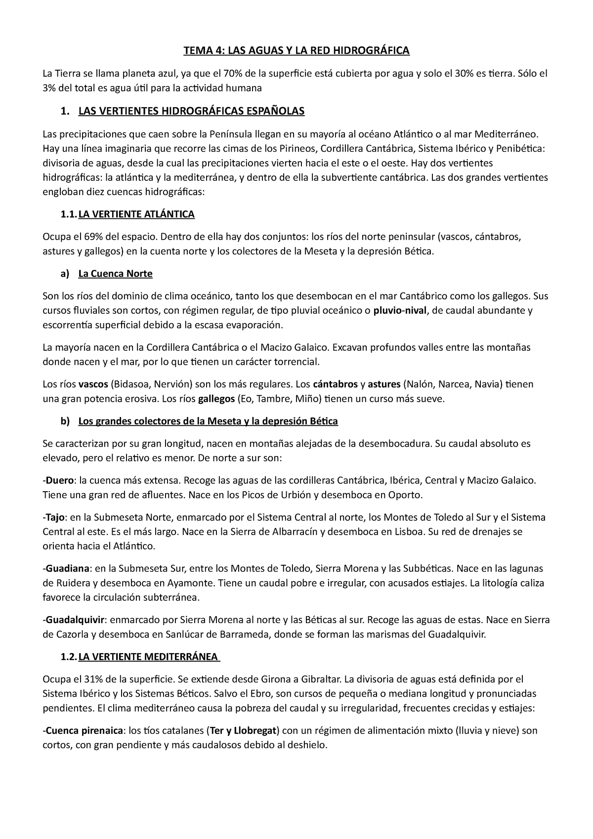 Geografía Tema 4 Resumen - Tema 4: Las Aguas Y La Red HidrogrÁfica La 