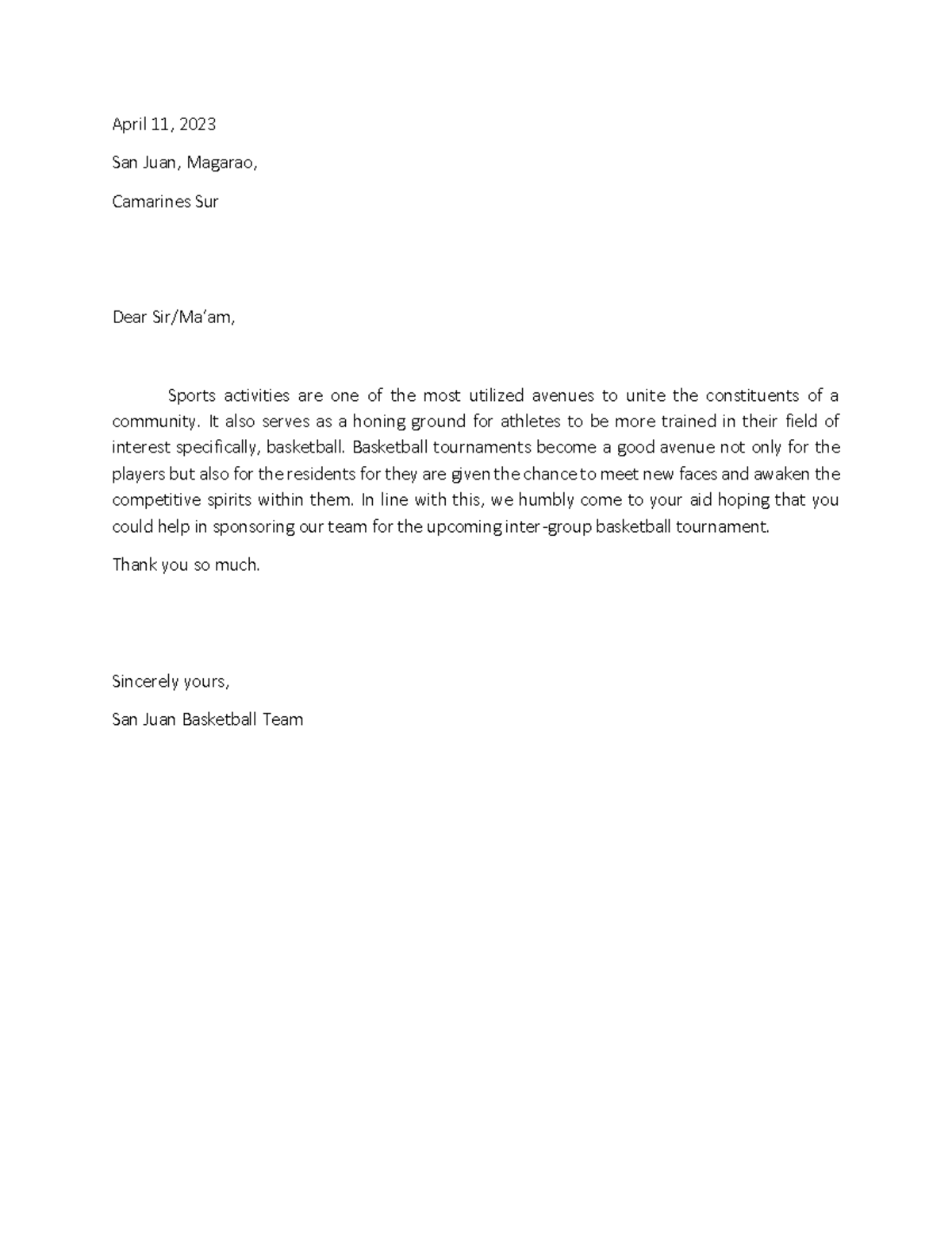 Solicitation Letter - N A - April 11, 2023 San Juan, Magarao, Camarines 