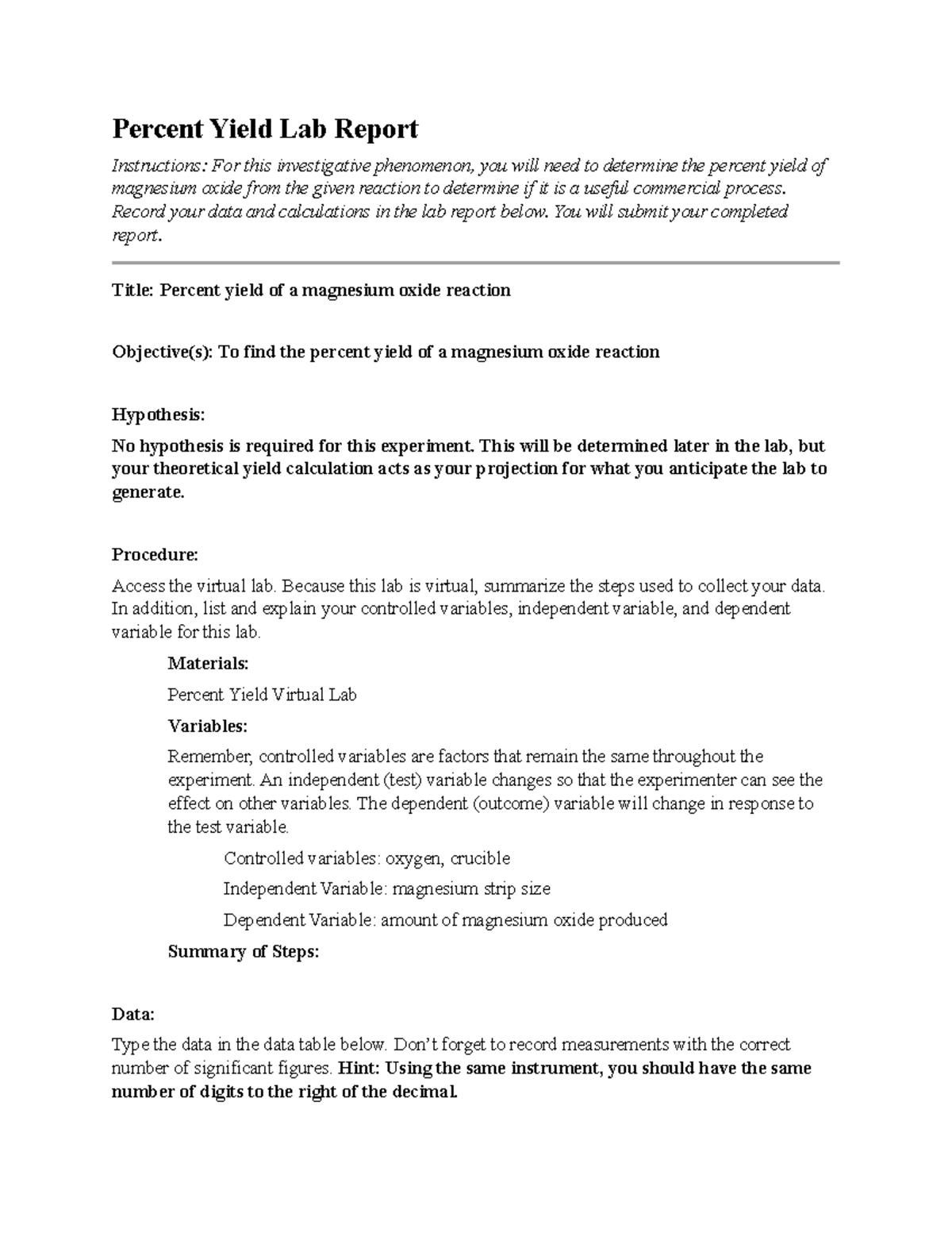 05 06 lab report - Should be correct answers - Percent Yield Lab Report ...
