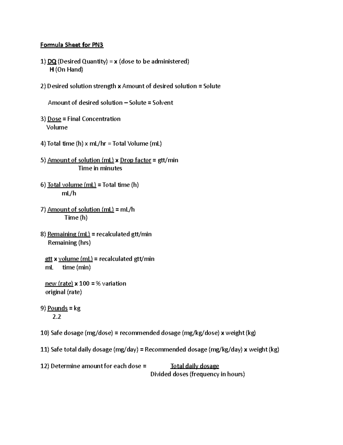 Formula Sheet for PN3 Formula Sheet for PN DQ (Desired Quantity) = x