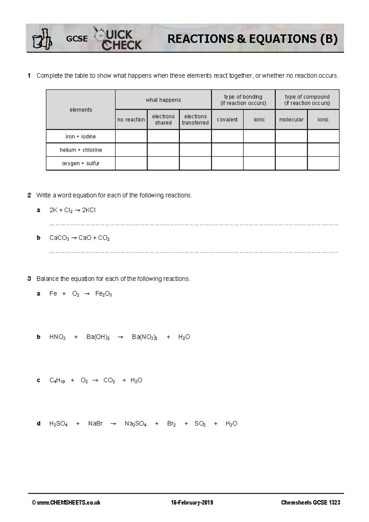 QC Reactions And Equations B - © CHEMSHEETS.co 16 - February- 2019 ...